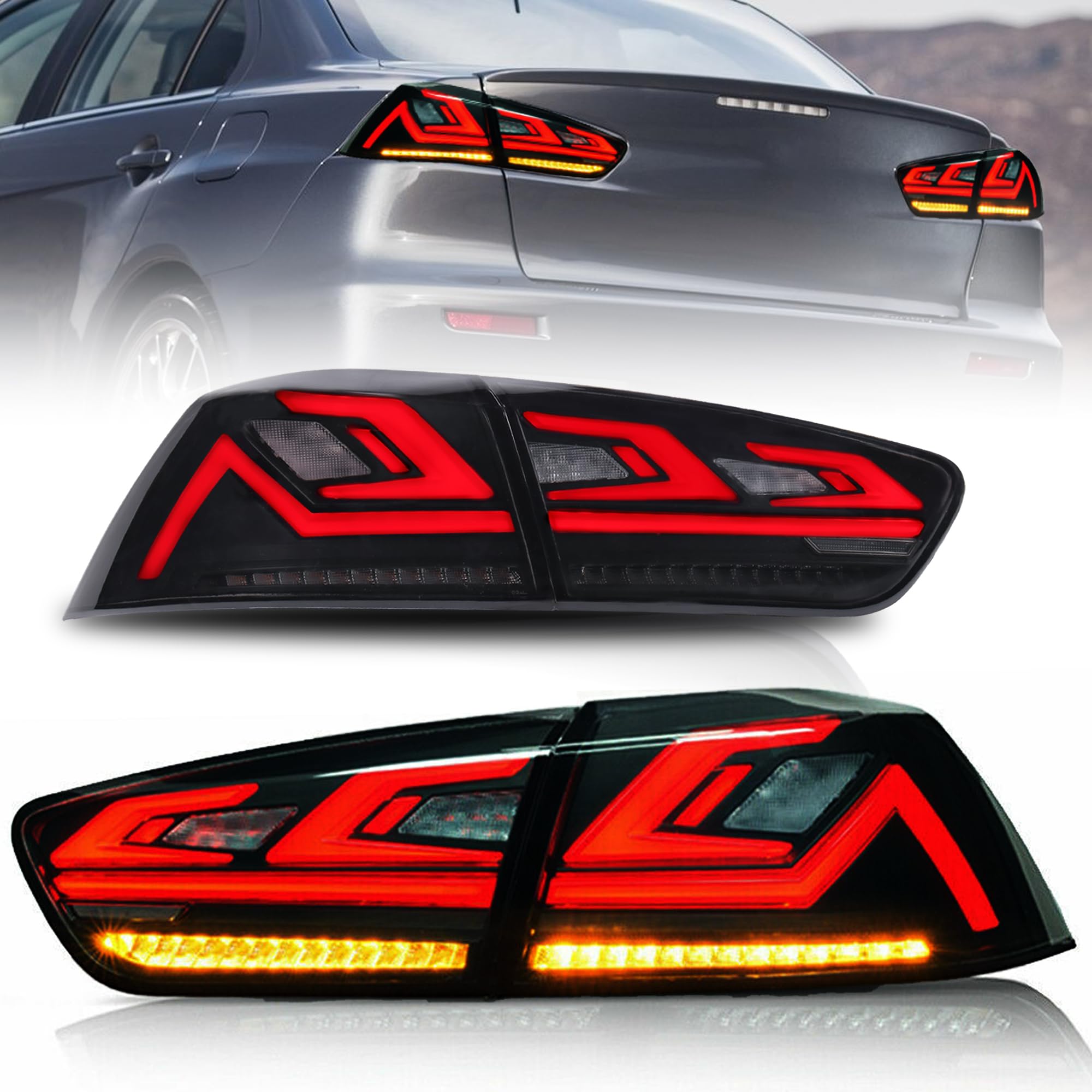 KUIPERAUTO Taillight Assembly Compatible for 2008-2017 Mitsubishi Lancer EX EVO X Smoke Rear Lamp with Start Up Animation Red Brake light Sequential Turn Signal Running light
