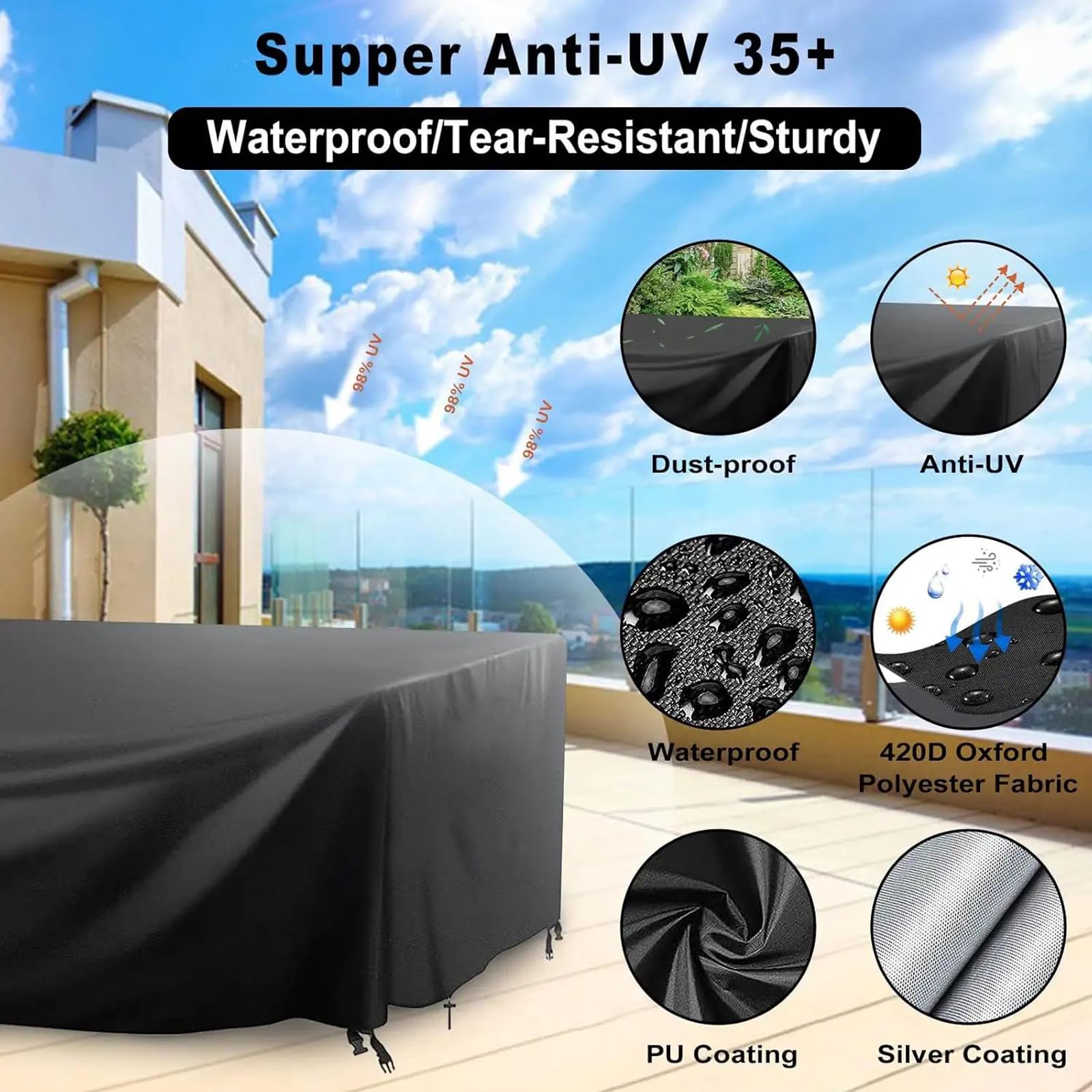 Coperture per Mobili da Giardino 333x113x80cm/LxWxH Copertura Tavolo Esterno Impermeabile, Telo Copri Tavolo Esterno Impermeabile Anti-UV Antivento Telo Copri Tavoli da Terrazza, Nero