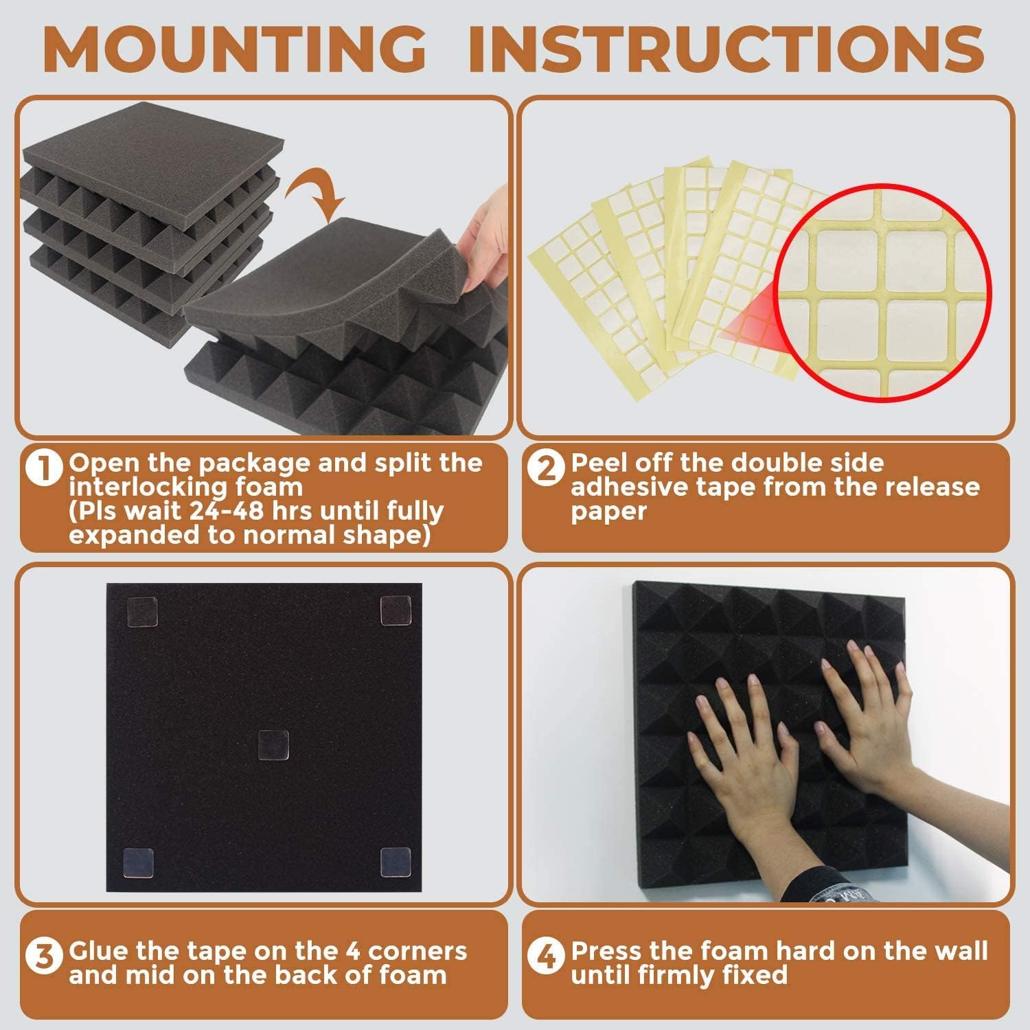 24 Pack Black 12 x 12 x 2 Inches Pyramid Designed Acoustic Foam Panels, Sound Proof Foam Panels for Walls, High Density and Flame-Retardant Acoustic Panels, Sound Panels for Recording and Home Studio
