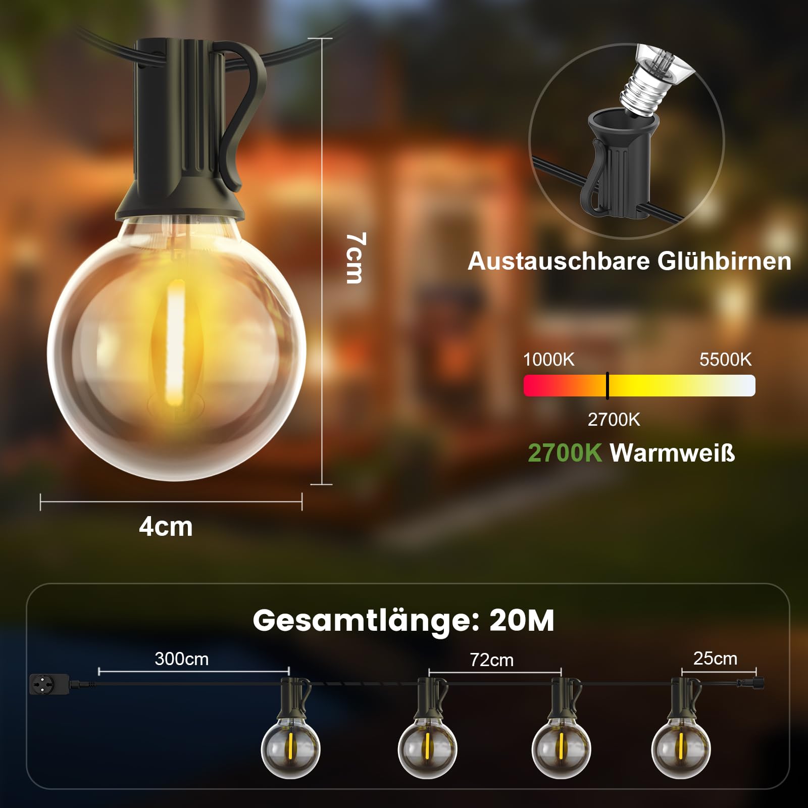 Yuusei Lichterkette Außen Strom, 20M Lichterkette Outdoor mit Fernbedienung | mit IP45 Wasserdicht, 24+1 G40 Dimmbar LED-Glühbirnen für Garten Pavillon Balkon Camping Party Hochzeit