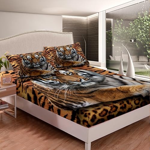 Miniatura 7 de Manfei Juego de sábanas bajeras con estampado 3D de tigre, tamaño individual, animales salvajes, 2 piezas para decoración de habitación de niños,