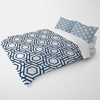 YANFENQI King Comforter Cover Dark Blue Geometry Lattice Line Modern Cottage Core Bedding for Kids Teens Adults (King,104