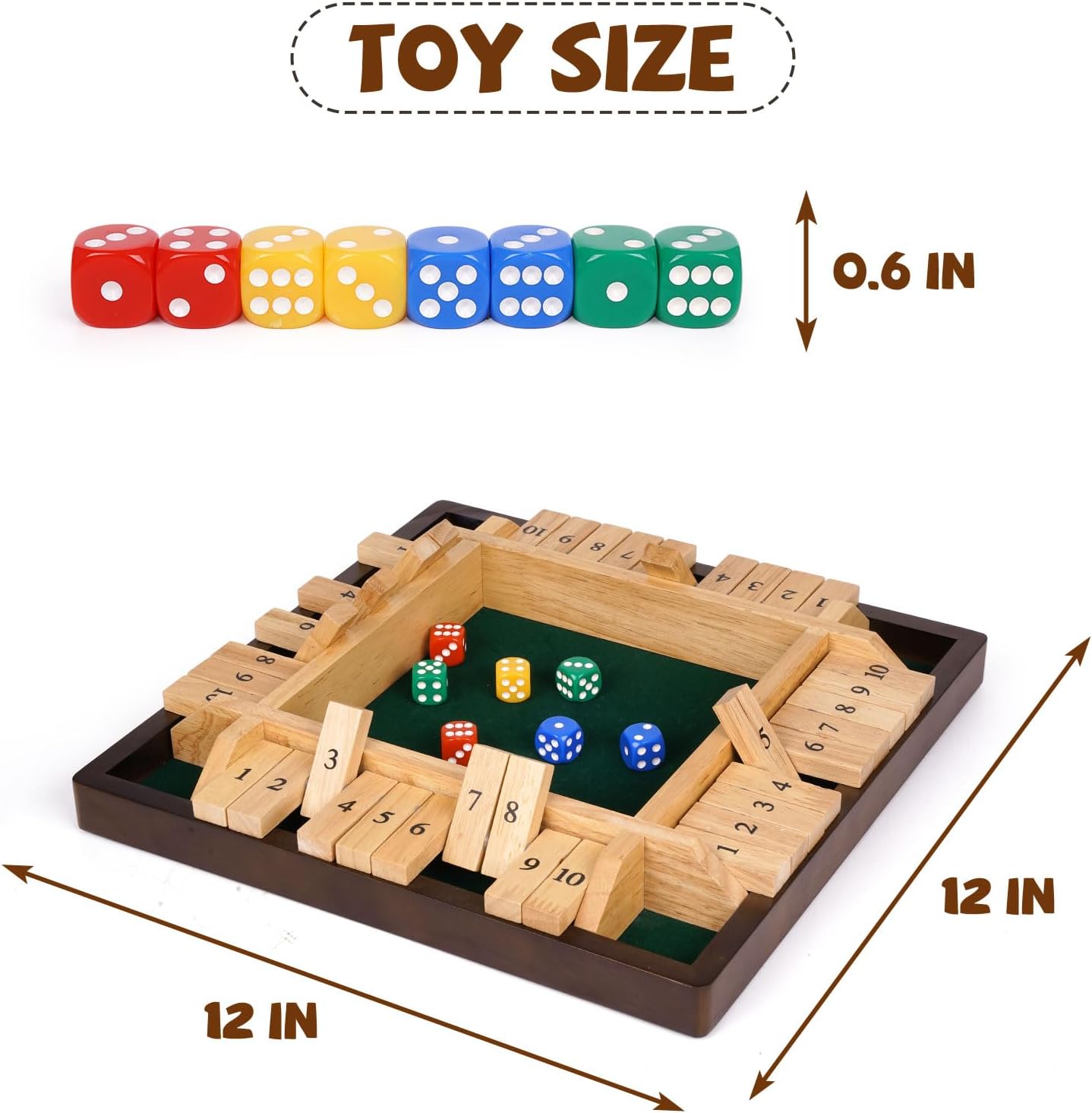 Kvintes 12 Inch Shut The Box Dice Game – Wooden Tabletop Board Game with Felt Mat, 10 Number Tiles & 8 Dice, Classic Bar Game, Family Game Night, Travel Game for Adults