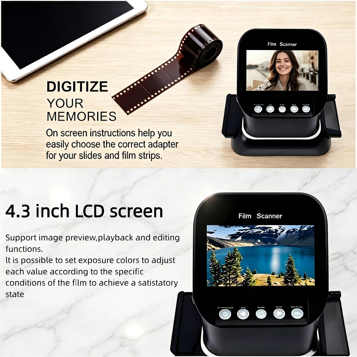 Skaner filmów o wysokiej rozdzielczości (22 MP) wyświetlaczem LCD 4,3 cala
