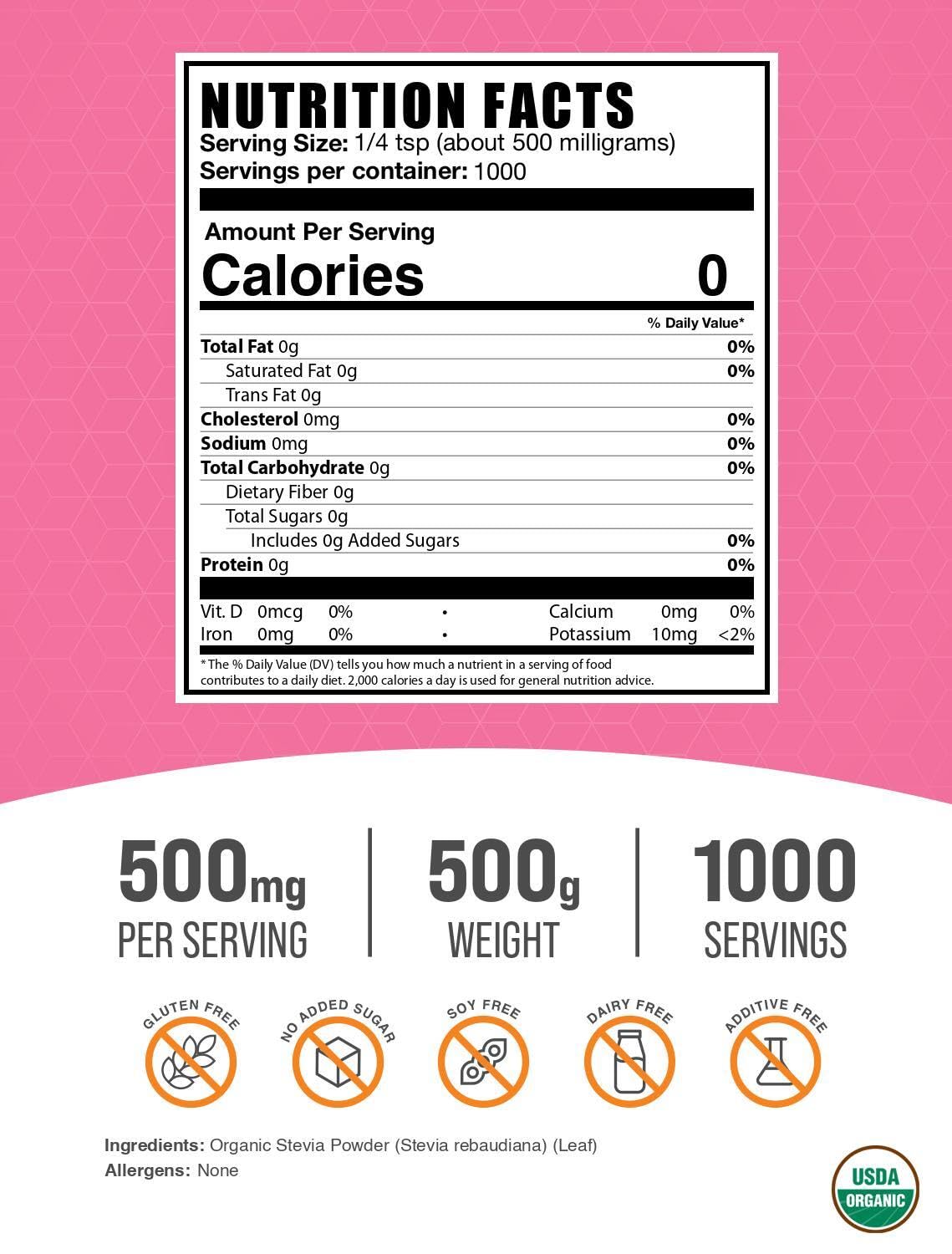 BulkSupplements.com Organic Stevia Powder - Pure Sweetener, Sourced from Stevia Leaves, Herbal Supplement - Vegan & Gluten Free, 500mg per Serving, 500g (1.1 lbs) (Pack of 1)