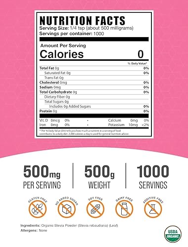 Miniatura 9 de BulkSupplements. com Polvo de stevia orgánico  Edulcorante puro de stevia, suplementos herbales  Vegano y sin gluten, 500 mg por porción, 250 g (8.8