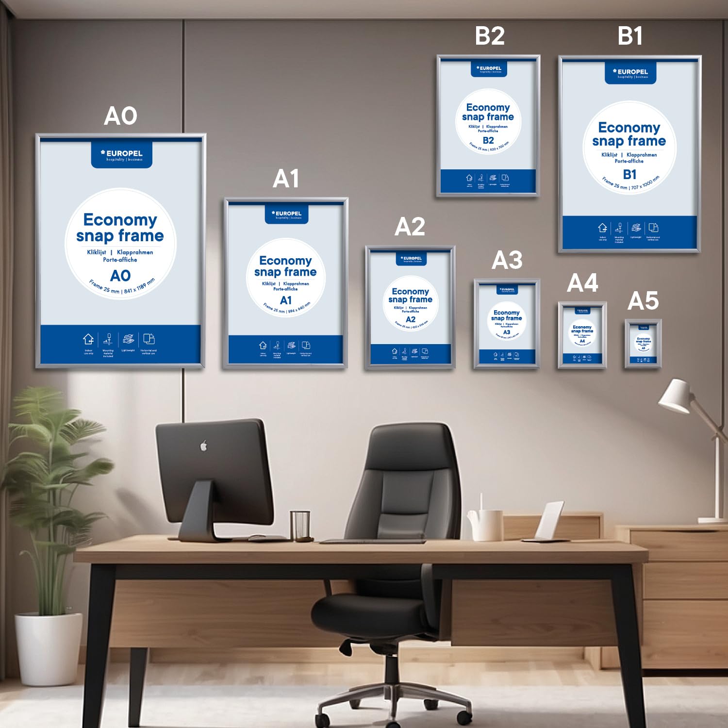 Europel Economy Snap ramka A4, kolor srebrny, profil aluminiowy 25 x 11 mm, do plakatów 21 x 29,7 cm, folia antyrefleksyjna, ekspozycja reklam, menu, hotelu, biura, restauracji