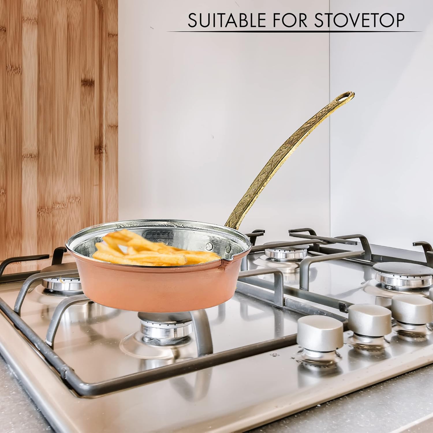 Hakan Multipurpose Pure Copper Cookware with Handle, Handmade Copper Sauté and Frying Pan, Turkish Butter and Milk Warmer Pan, Decorative Copper Skillet, Suitable for Oven & Stovetop (Medium 7.9 in)