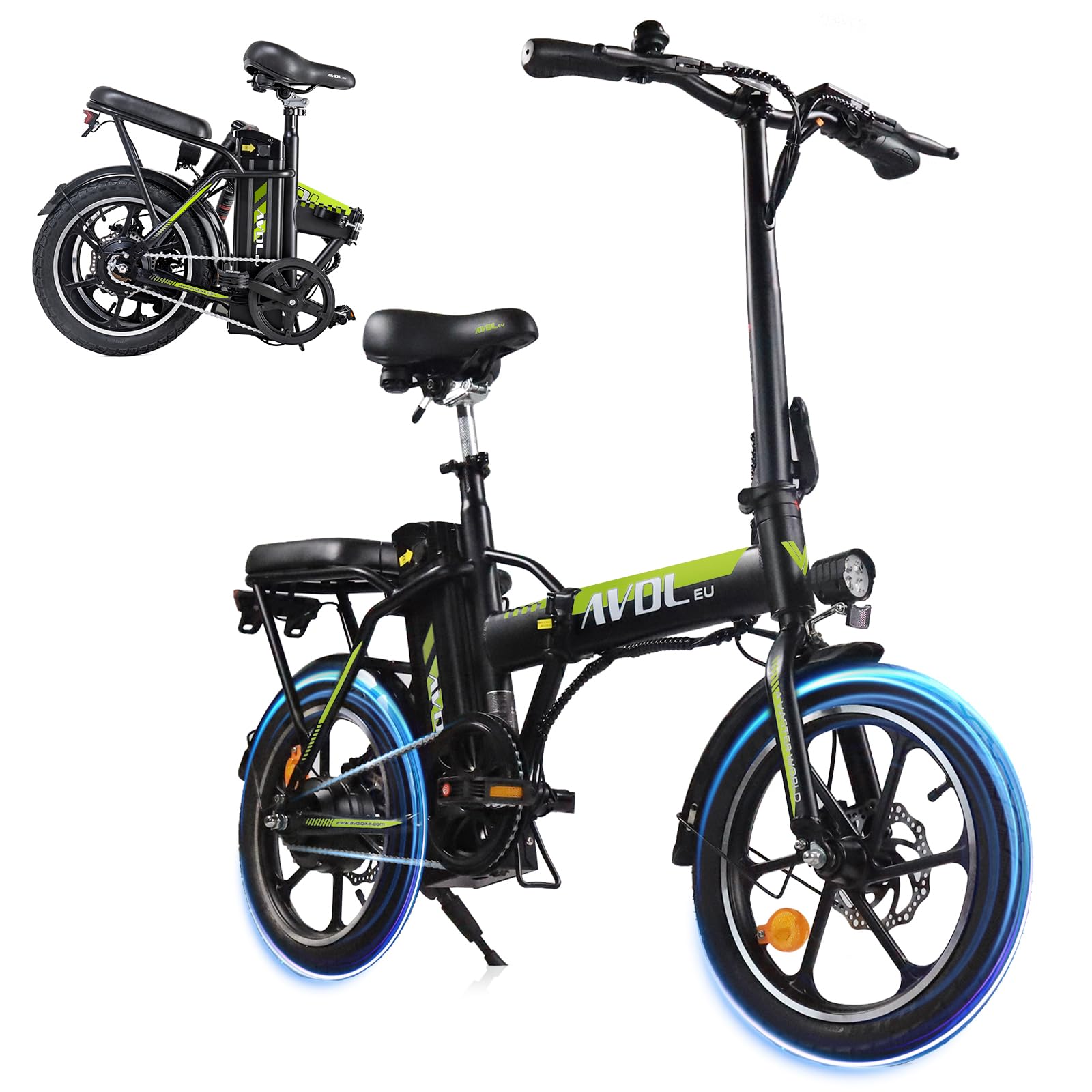 Bicicleta eléctrica plegable de 16 pulgadas para adultos, bicicleta eléctrica para hombre, mujer, bicicleta eléctrica urbana, batería 36 V 12,8 Ah, asistencia eléctrica hasta 25 km/h, frenos