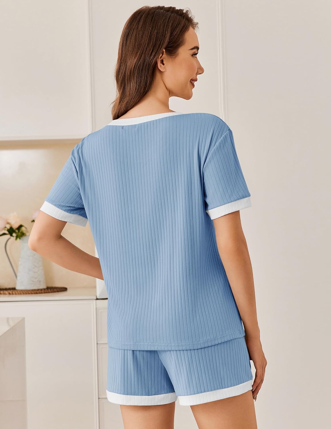Ekouaer Women Ribbed Knit Pajama Sets, Short Sleeve Top and Shorts 2 Piece Soft Pjs Sleepwear with Pockets Lounge Sets S-XXL - Image 5