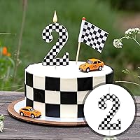Vista 4 de Vela de cumpleaños con temática de autos de carreras, velas con número de bandera a cuadros, velas blancas y negras, decoración de pastel de feliz