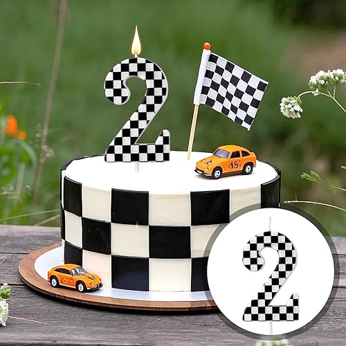 Miniatura 4 de Vela de cumpleaños con temática de autos de carreras, velas con número de bandera a cuadros, velas blancas y negras, decoración de pastel de feliz