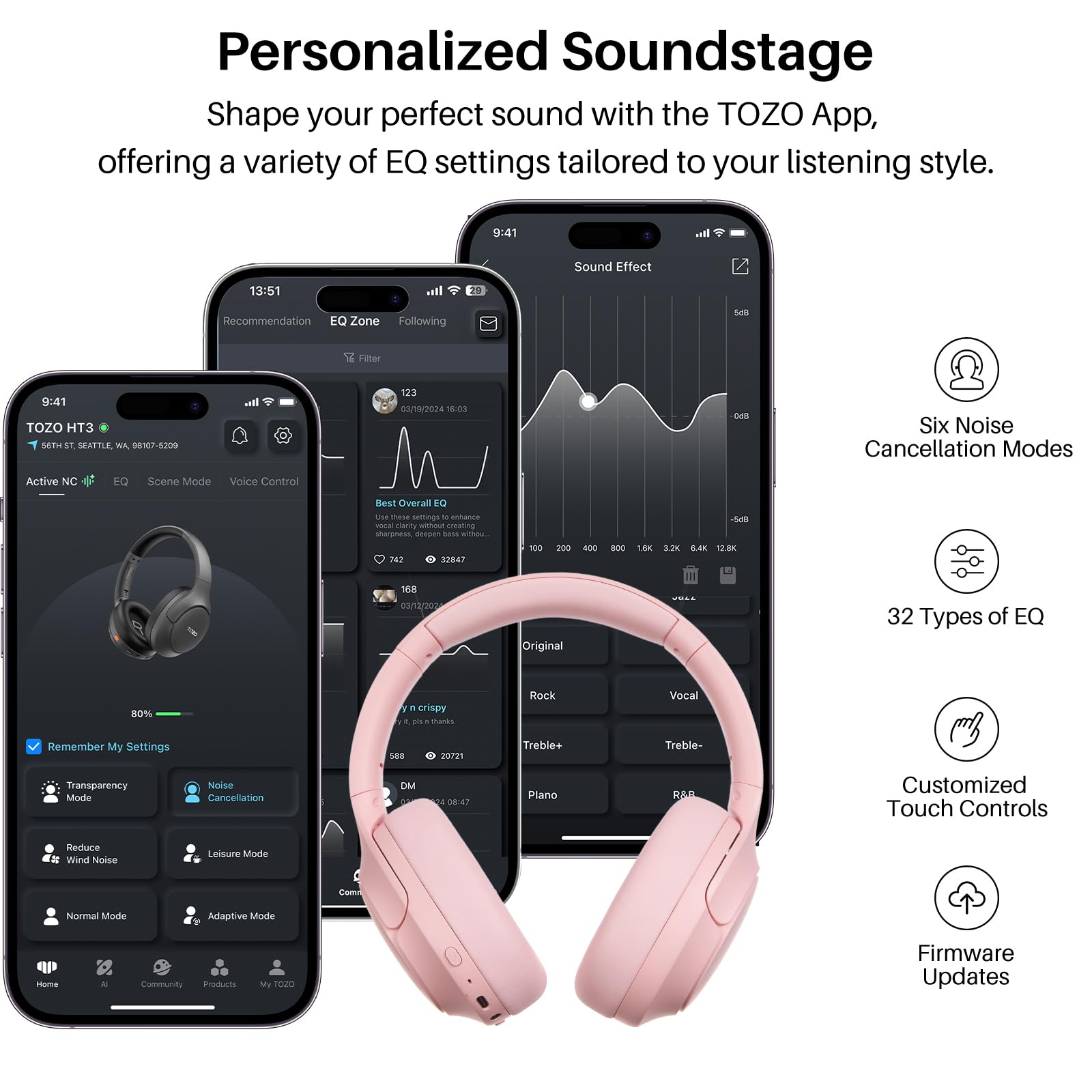 TOZO HT3 Słuchawki Bluetooth z hybrydowym ANC, 5 mikrofonów do wyraźnych połączeń, przestrzenny dźwięk Hi-Res, czas pracy 90 godzin, 32 EQ, połączenie wielopunktowe, składana konstrukcja z kablem 3,5
