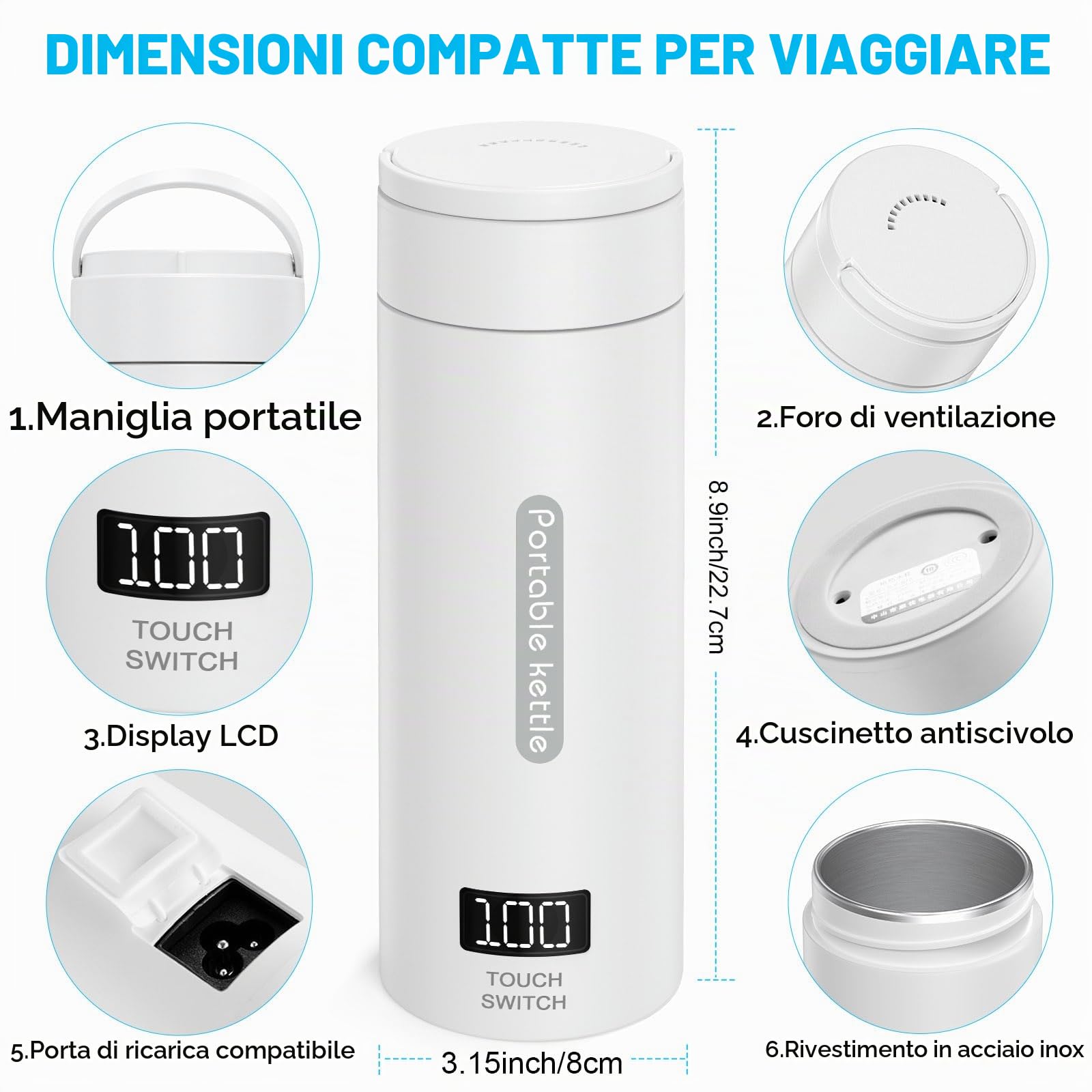 Flintronic Bollitore Elettrico Portatile, 380ML Bollitore da Viaggio, Bollitore Portatile Elettrico, con Display LCD per Tè Caffè Latte, Spegnimento Automatico/Protezione Contro l'ebollizione Secco