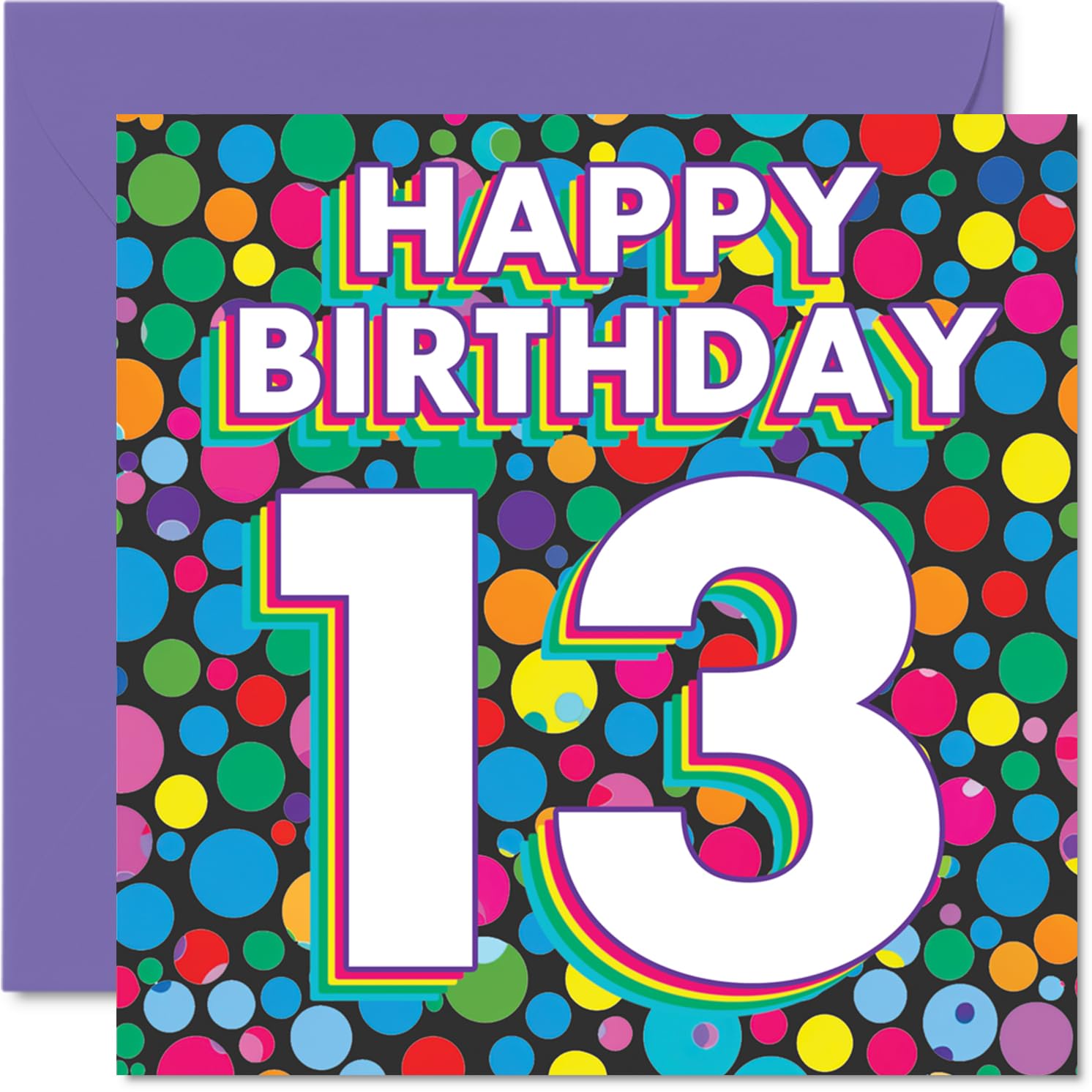 13th Birthday Cards for Girls Boys - Funky Rainbow Dots - Happy Birthday Card for 13 Year Old Girl Boy Grandson Son Cousin Sister, 145mm Bday Greeting Cards