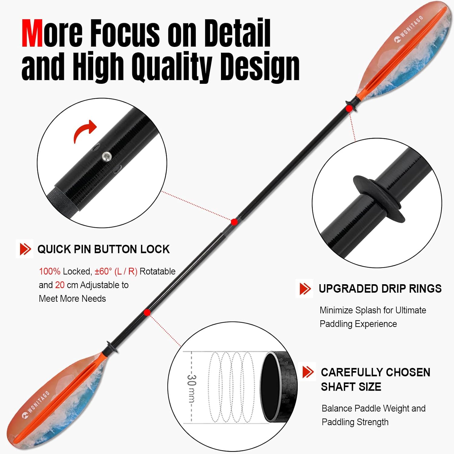 Kayak Paddles with Fiberglass Shaft and Reinforced PP Blade, Floating Adjustable Kayaking Oars, 3 Piece, 220-240 cm/86-94 Inches, 240-260 cm/94-102 Inches