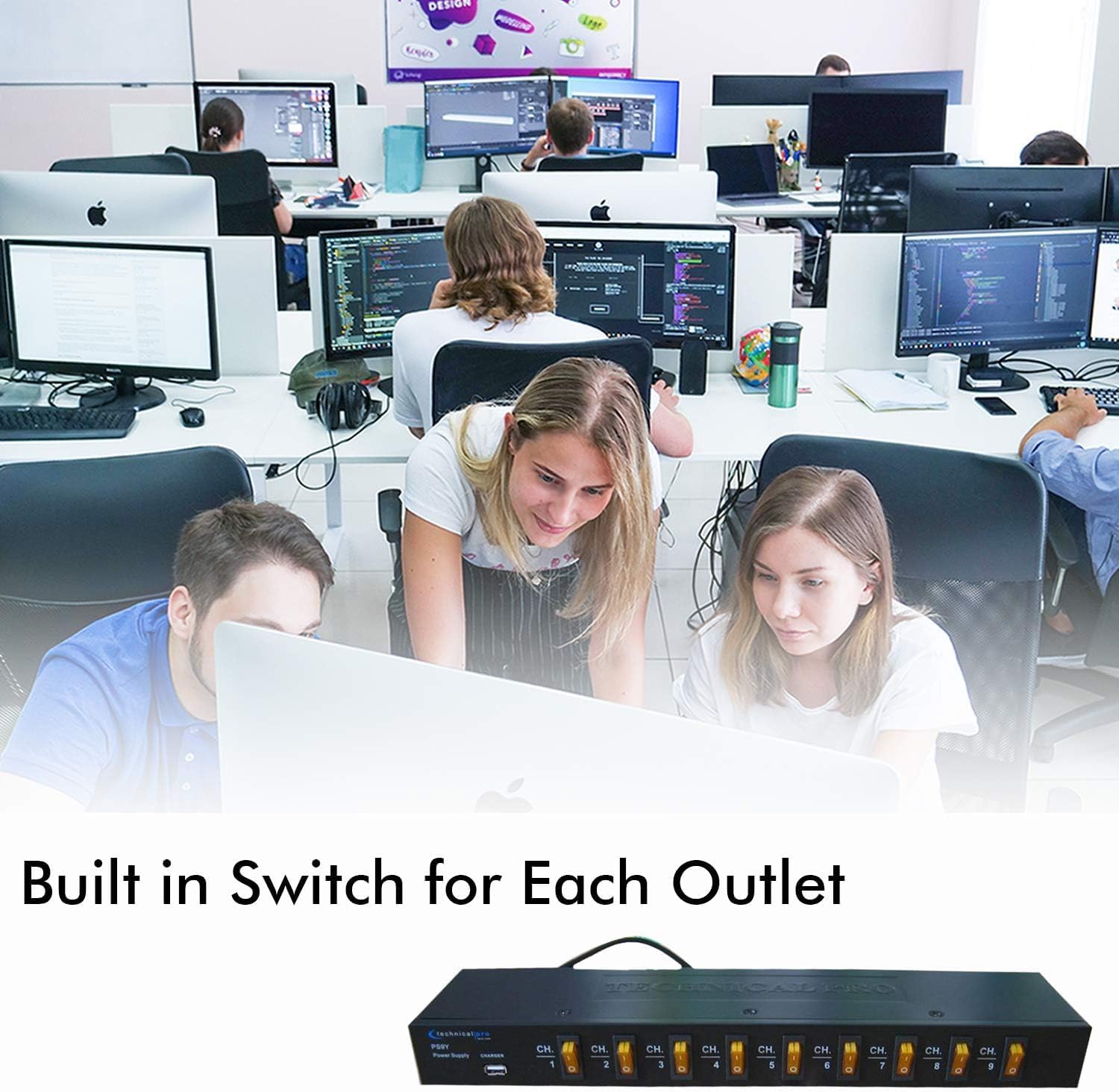 Technical Pro Electric Power Supply with 9 Power switches, 1800 Watts Max Load, 5V USB Charging Port, 9 Outlet High Load Power Cord (4 Foot)