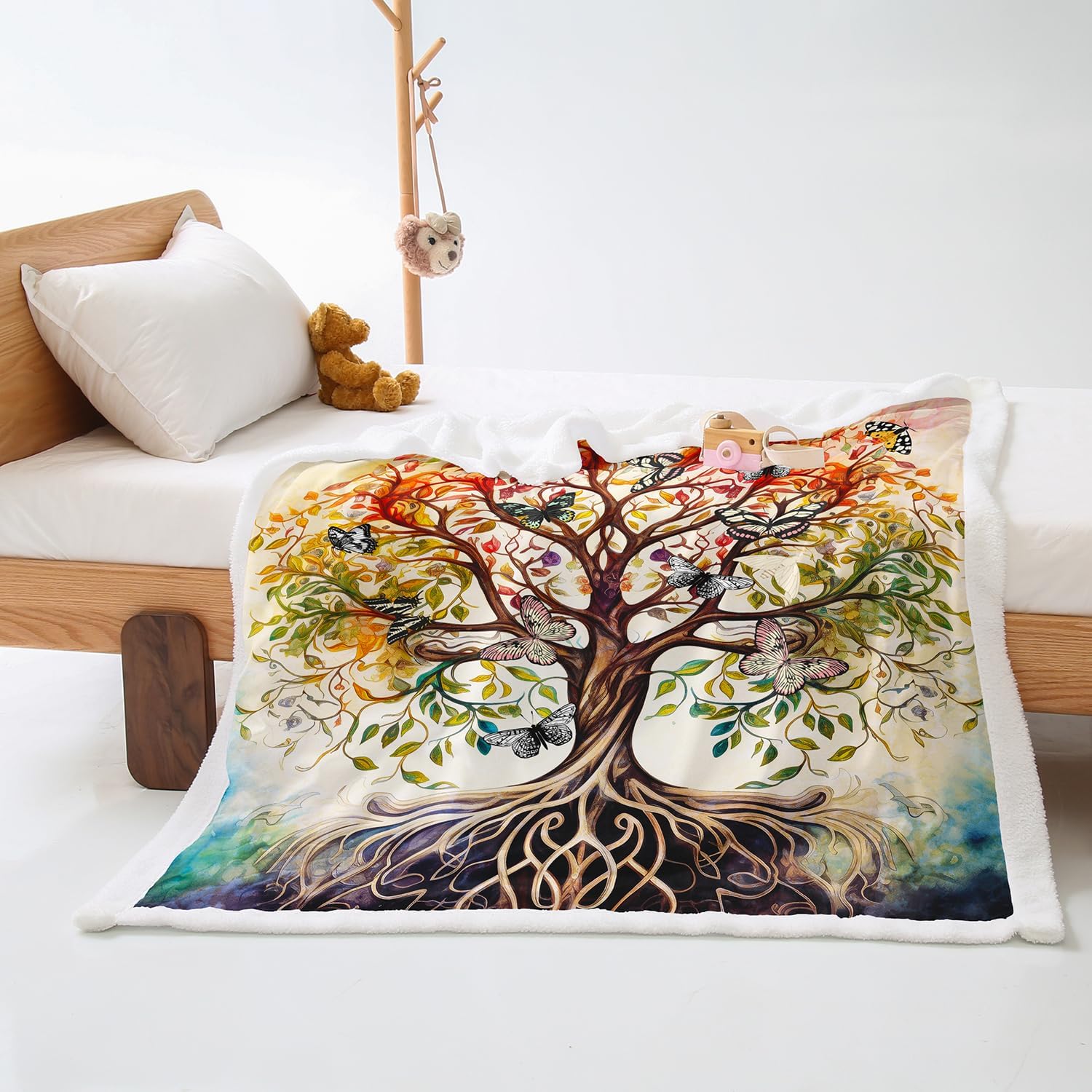 AILONEN Tree of Life Throw Blanket for Women Girls,Butterfly Tree of Life Cozy Fleece Sherpa Blanket 70 x 55 Inches Retro Boho Butterfly Blanket for Bed Couch