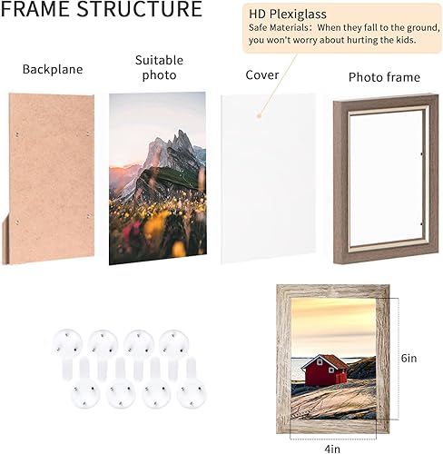 Miniatura 3 de Juego de 8 portarretratos de 4 x 6, marcos rústicos de madera, formatos verticales y horizontales para colgar en la pared y colocar en la mesa,