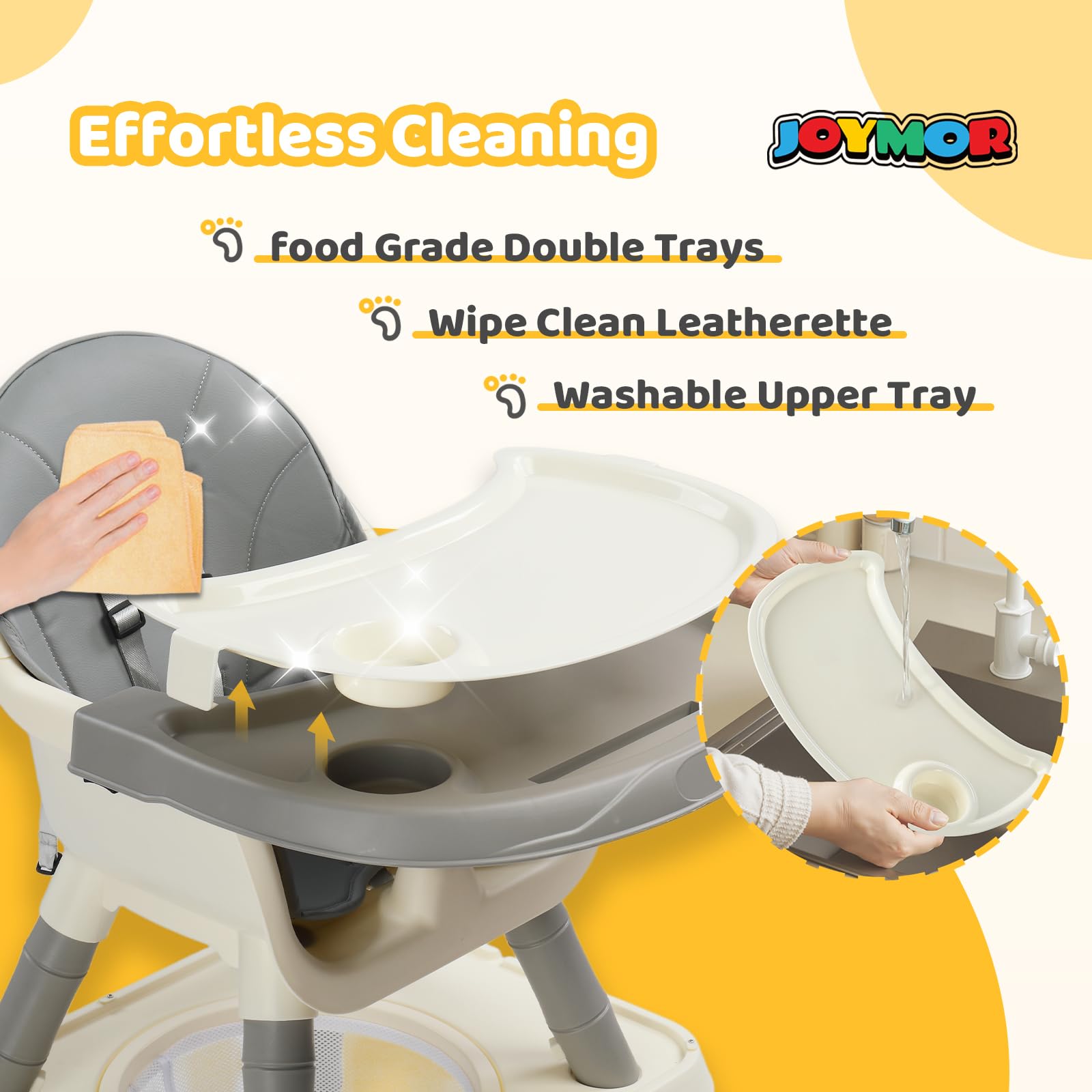 Bonnlo Baby Hochstuhl mit Liegefunktion, Hochstuhl Baby ab 6 Monate für Essen und Badewanne, Premium Babystuhl mit Goldrahmen, Inkl. Doppeltablett und Fußstütze, Bis 15 kg (Grau)