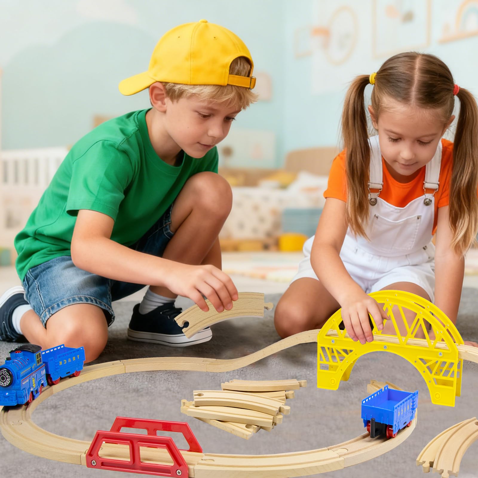 Coffret d‘Extension de Rails en Bois 25 pièces pour Circuit de Train - Train en Enfant 3 Ans et Plus - Pièces Droites et Courbes en Bois de Hêtre - Compatible avec Les Principales Marques