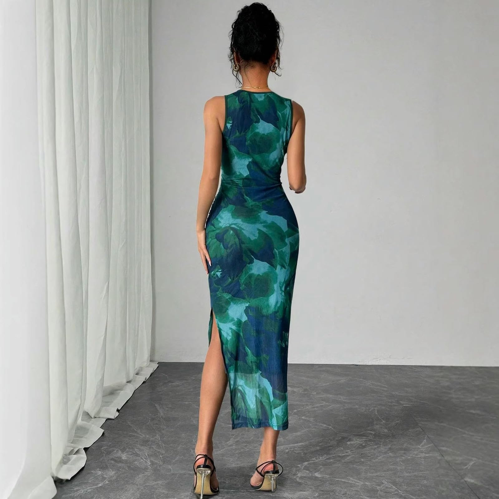 Sukienka damska elegancka letnia sukienka z falbanami bodycon | Rękawy Okrągły dekolt i boczne rozcięcie na przyjęcie koktajlowe, rozciągliwa, wielorazowa