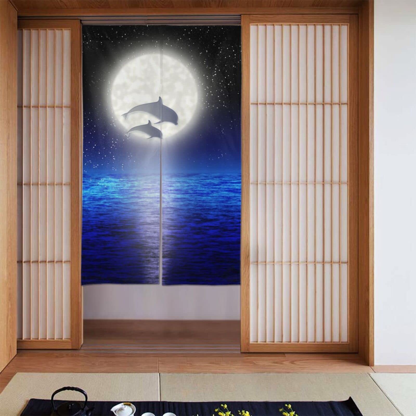 Amazon｜のれん イルカ 夜の海風景 月 洗える アニメ 暖簾 和風 目隠し