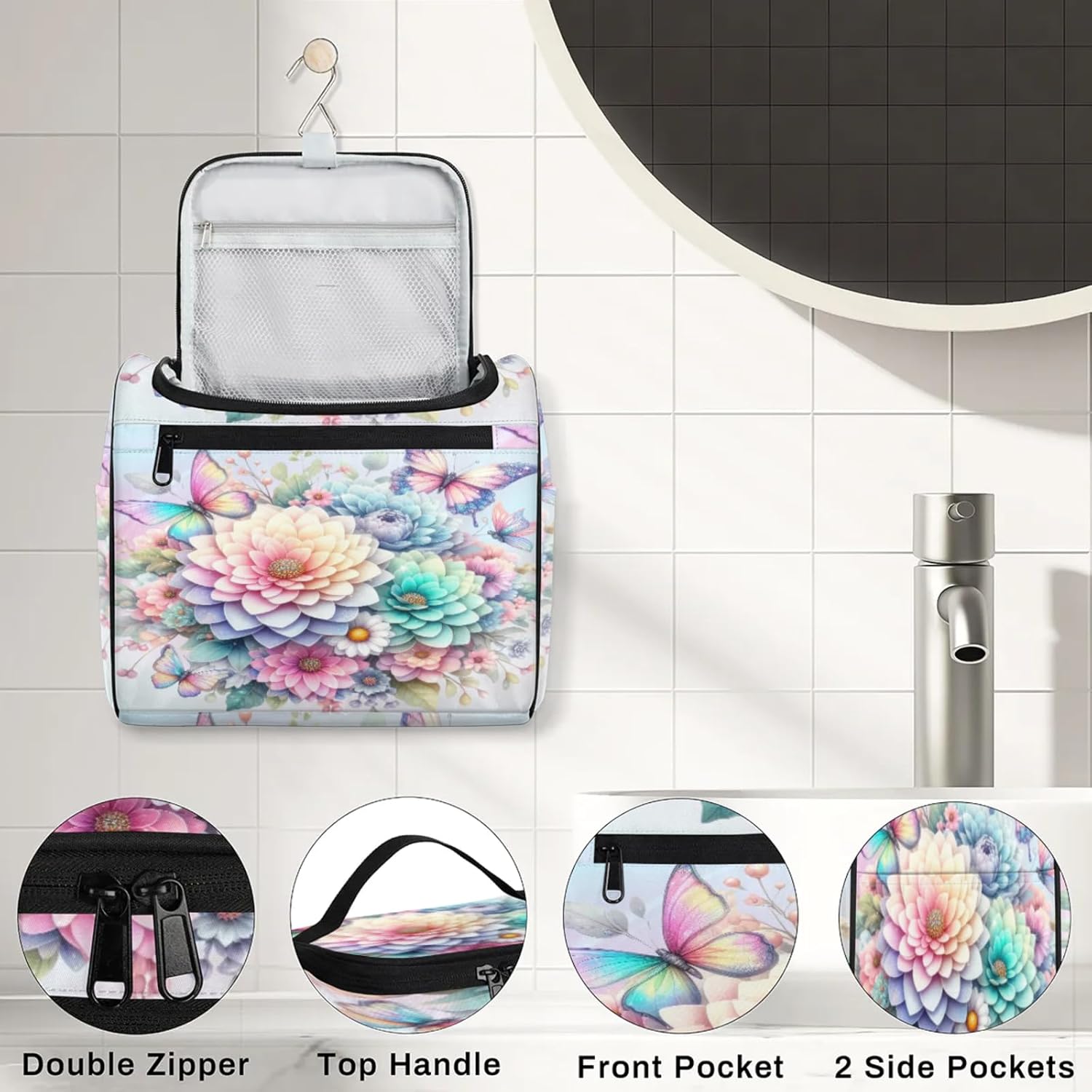 cfpolar Toiletry Bag for Women, Spring Flower Butterfly Hanging Travel Toiletry Bag, Water-resistant Cosmetic Makeup Organizer for Toiletries and Cosmetics, Bathroom Shower Bag with Handle and Hook