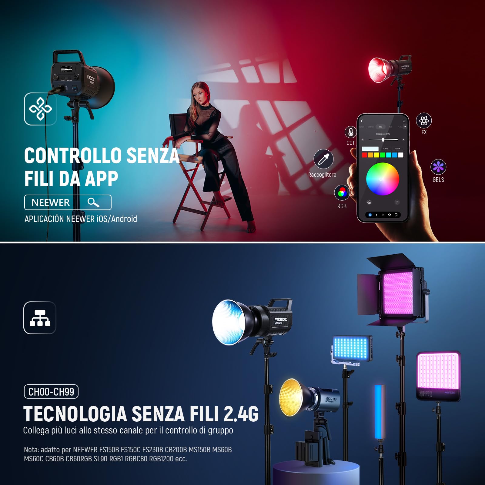 NEEWER 300W Luce Video LED RGB con Controllo APP/2.4G, 17 Effetti, Illuminazione Continua COB 2500K-7500K 29000lux/1m, CRI95+/TLCI97+ Attacco Bowens per Fotografia Registrazione Video Studio, FS300C