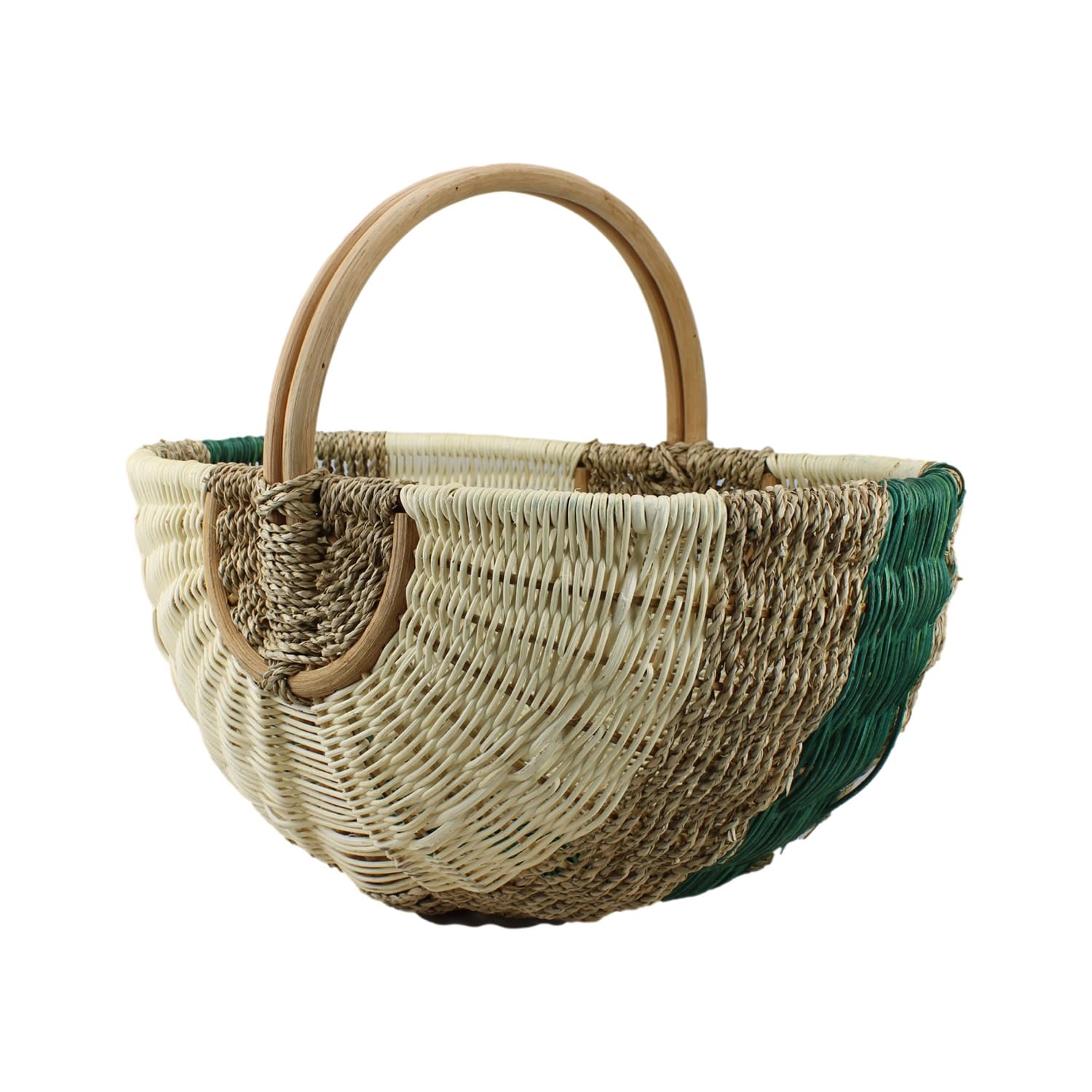 Grand Panier de Courses en Rotin et Jonc de Mer – Panier de Pique-Nique Tressé à la Main avec Anse – 48x33x24 cm – Panier de Marché Robuste et Stable – Design Vintage – Vert