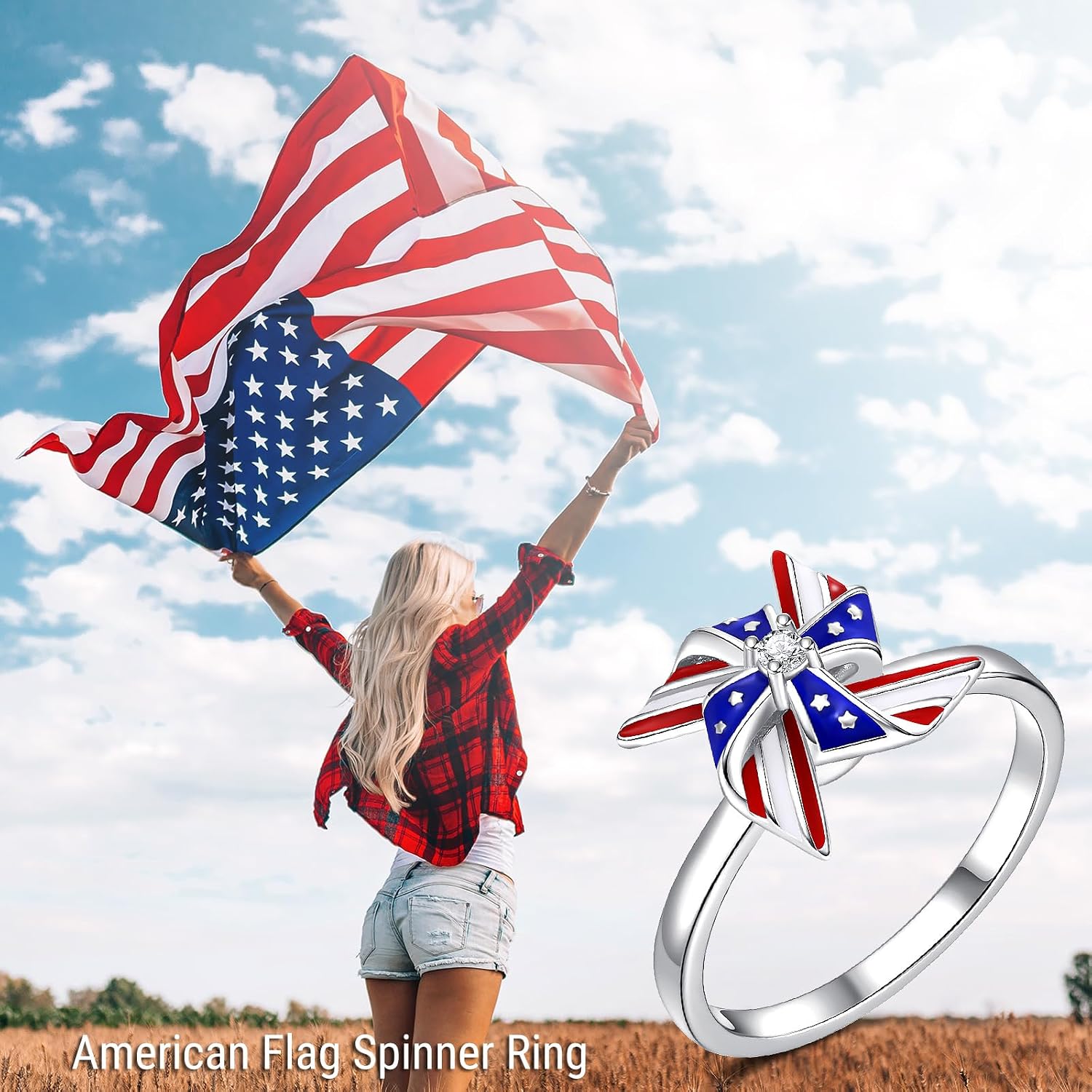 APOTIE Silver USA American Flag Ring Patriotic Spinner Rings 4th of July Independence Day Jewelry Gifts for Women