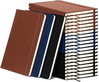 Honoson 20 Pack Lined Journal Notebooks A5 Hardcover Executive Notebook 5.5" x 8.3" PU Leather Wide Ruled Journals Bulk with Elastic Band for Home Business Office School(Black, Navy, Brown,20 Pack)