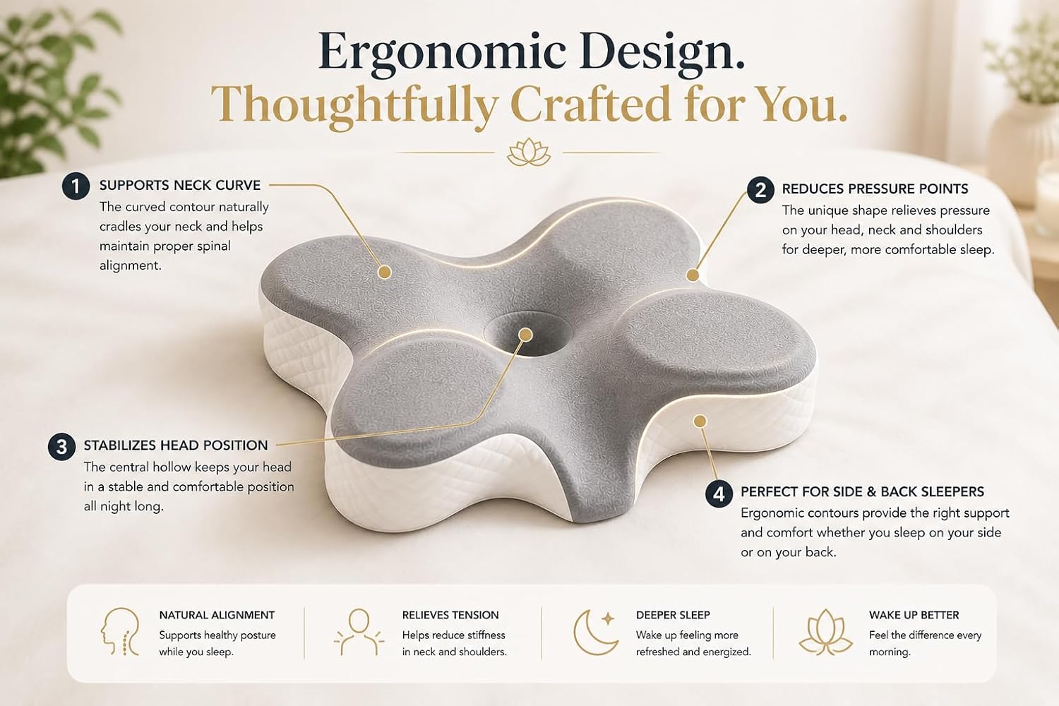 Ergonomic Cervical Neck Pillow for Sleeping, Butterfly Memory Foam Pillow with Hollow Center, Neck & Shoulder Support, Breathable Washable Cover, Orthopedic Design for Back & Side Sleepers – ALYNORE