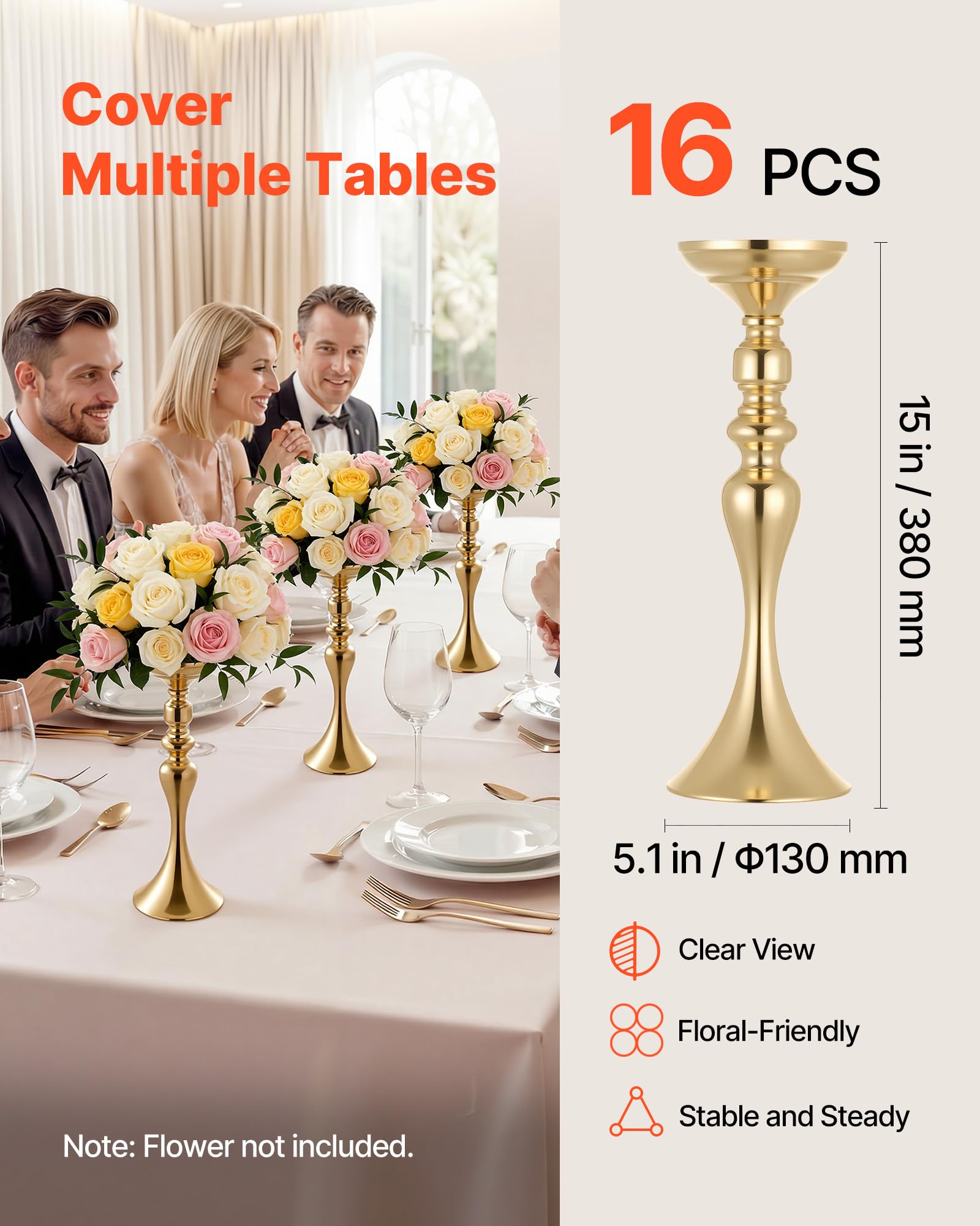 VEVOR 16 STK. Hochzeitsvasen Tafelaufsatz Blumenvasen für Hochzeit 38 cm Hoch, Metall Tafelaufsatz Vasen mit Blumenständern, Mittelstück Tischvase für Hochzeiten Party Jubiläumsfeier Zeremonie, Gold