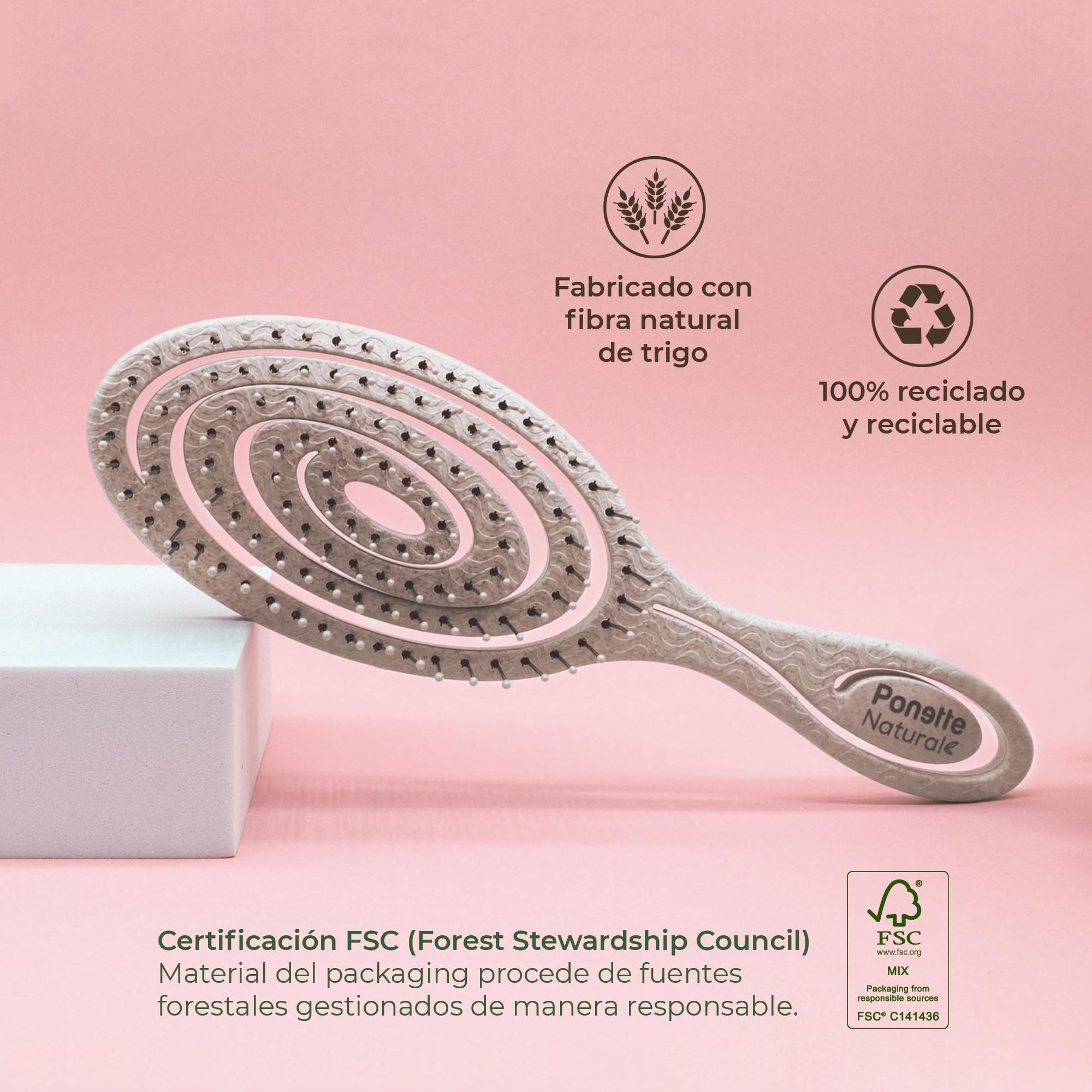PONETTE NATURAL - Cepillo de Pelo ECO Masajeador Ecológico Beige Desenredante Antitirones, Fabricado con Fibra Natural de Trigo, 100% Reciclable, Marca Española
