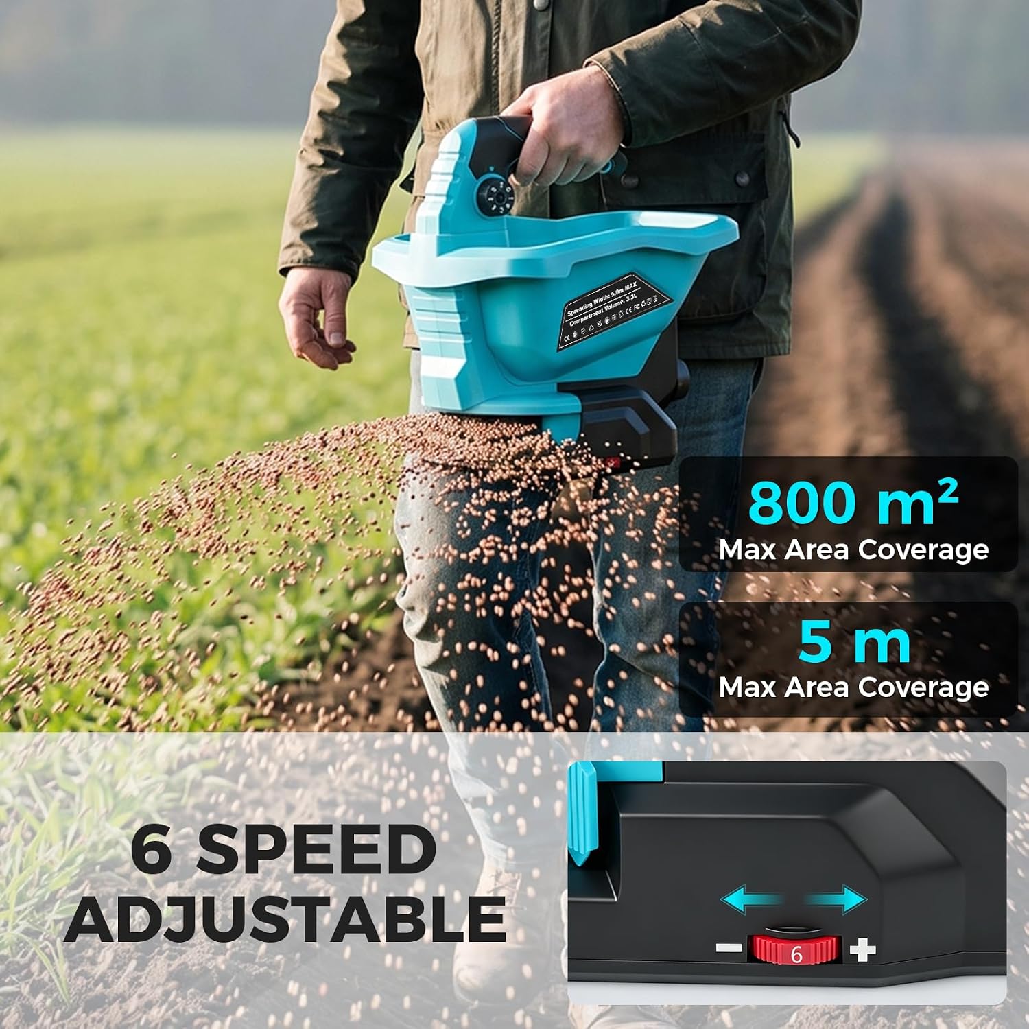 Power Seed Spreader Handheld with Battery 2X 2000mAh 20V, Cordless Grass Seed Spreader Available Year-Round, Electric Lawn Spreader for Fertilizer, Grass Seed, Salt, Ice Melt, Feed