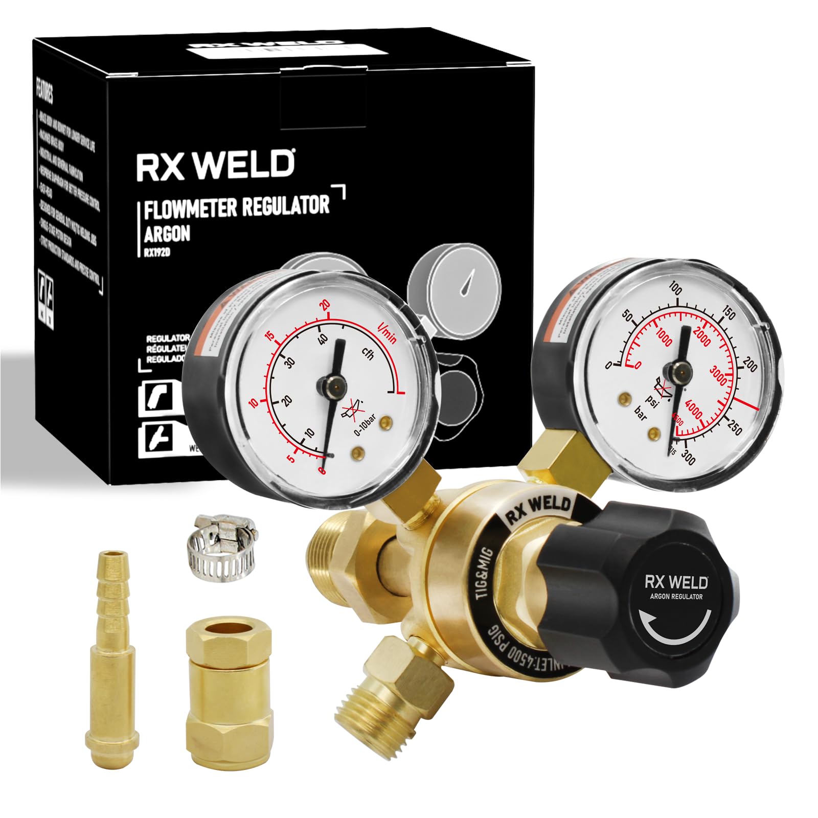 Rx Weld Men's Argon Co2 Regulator Gas Welding Regulator Cga580 Compatible With Miller Lincoln Mig Tig Weld 0-4500Psi / 0-10Bar