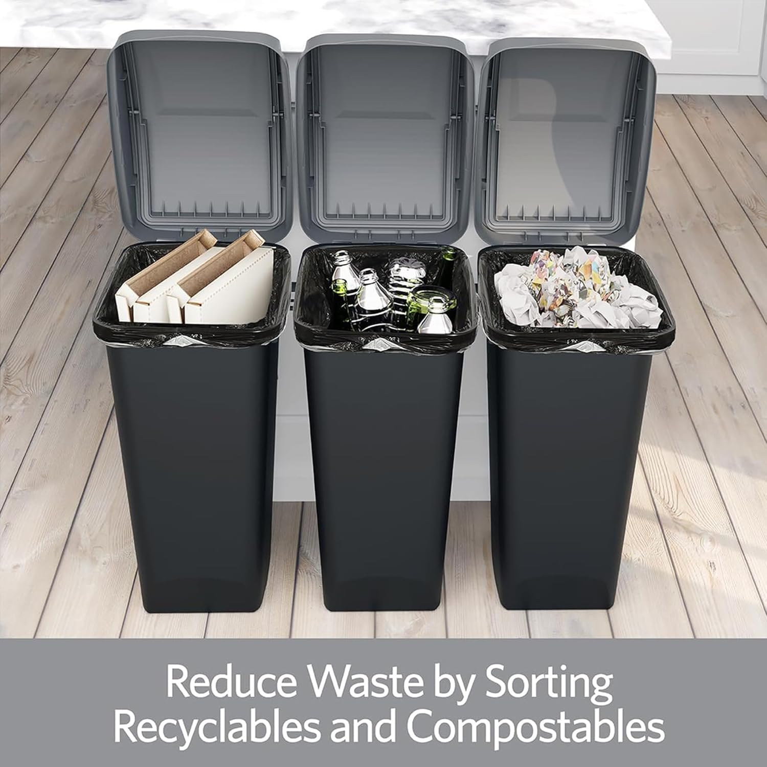 Glad Link & Sort 36 Gallon Waste and Recycle Center - 3x12G (3x45L) Plastic Bin Compartments for Trash, Recycling, Compost with Odor Protection and Swing Top and Lift Up Lids