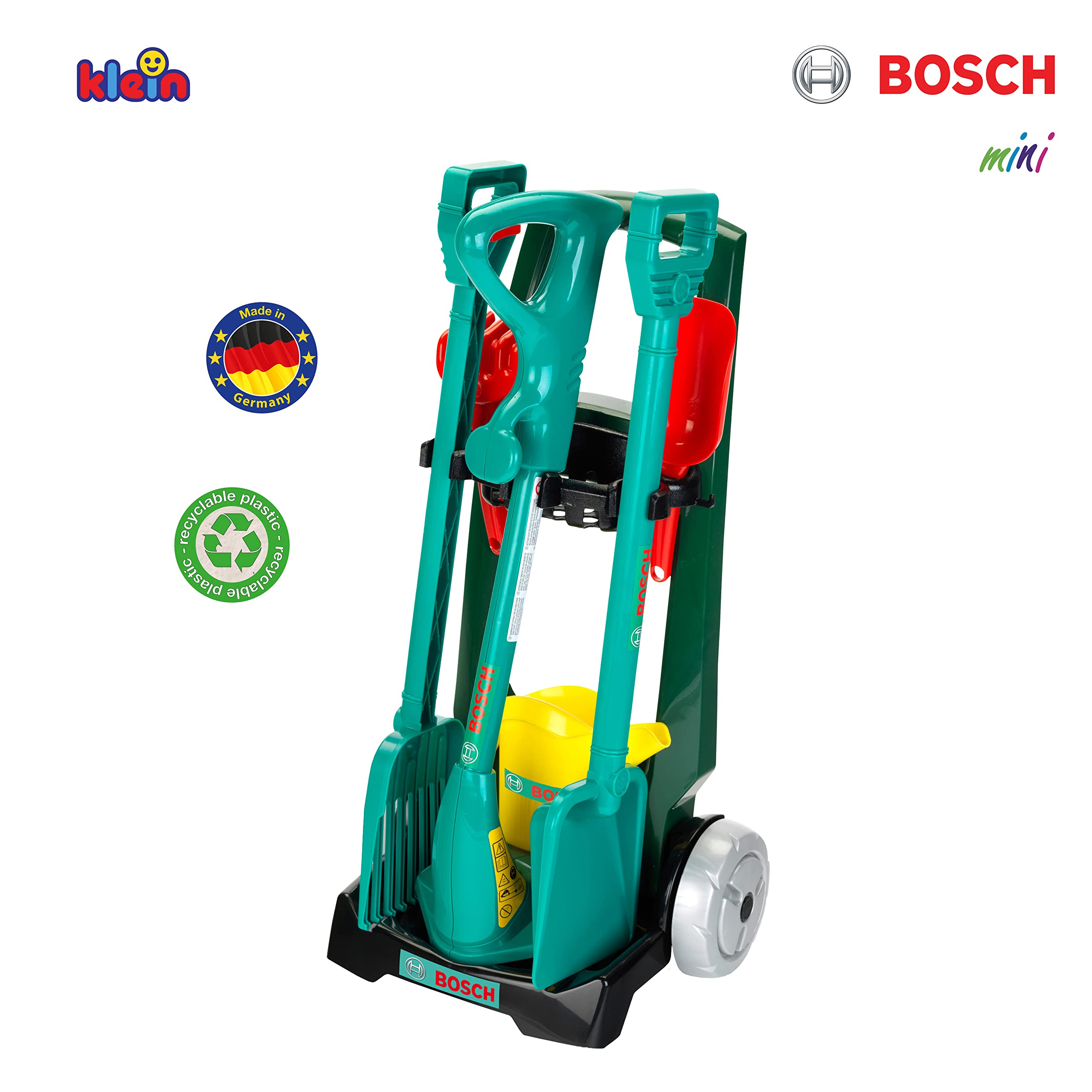 Theo Klein 2751 Bosch Garten 7-teiliger Gartenwagen I Set mit hochwertigen Garten-Geräten für Kinder I Inkl. Rasentrimmer u.v.m. I Anti-UV I Spielzeug für Kinder ab 3 Jahren