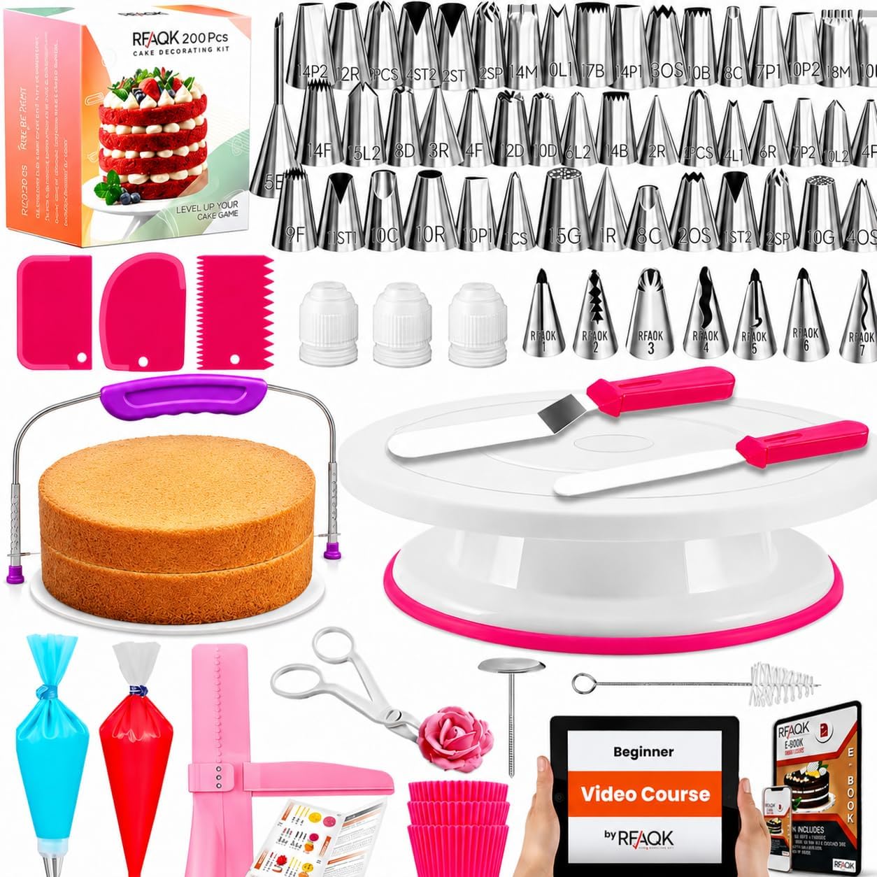 200 PCs Cake Decorating Supplies Kit for Beginners -1 Cake Turntable Stand with Piping Bags & Tips -2 Spatula -Cake Leveler & Icing Smoother-55 Piping Tips -Baking Tools - 20 Cupcake Liners