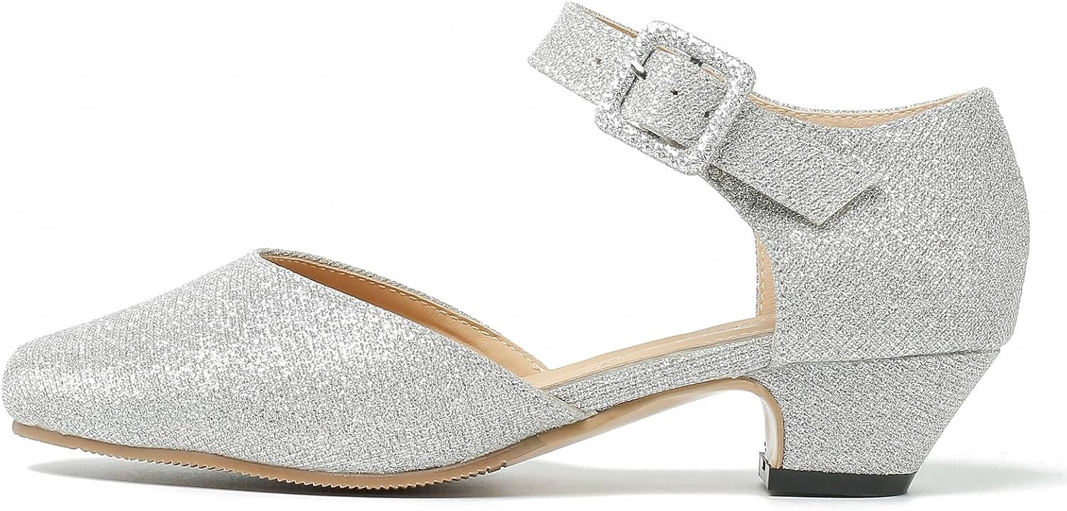 LIURUIJIA Women's Closed Toe Low Chunky Heel Pumps Ankle Strap Dress Shoes for Work Wedding Party Glitter Silver 44 US 10.5 - Image 4