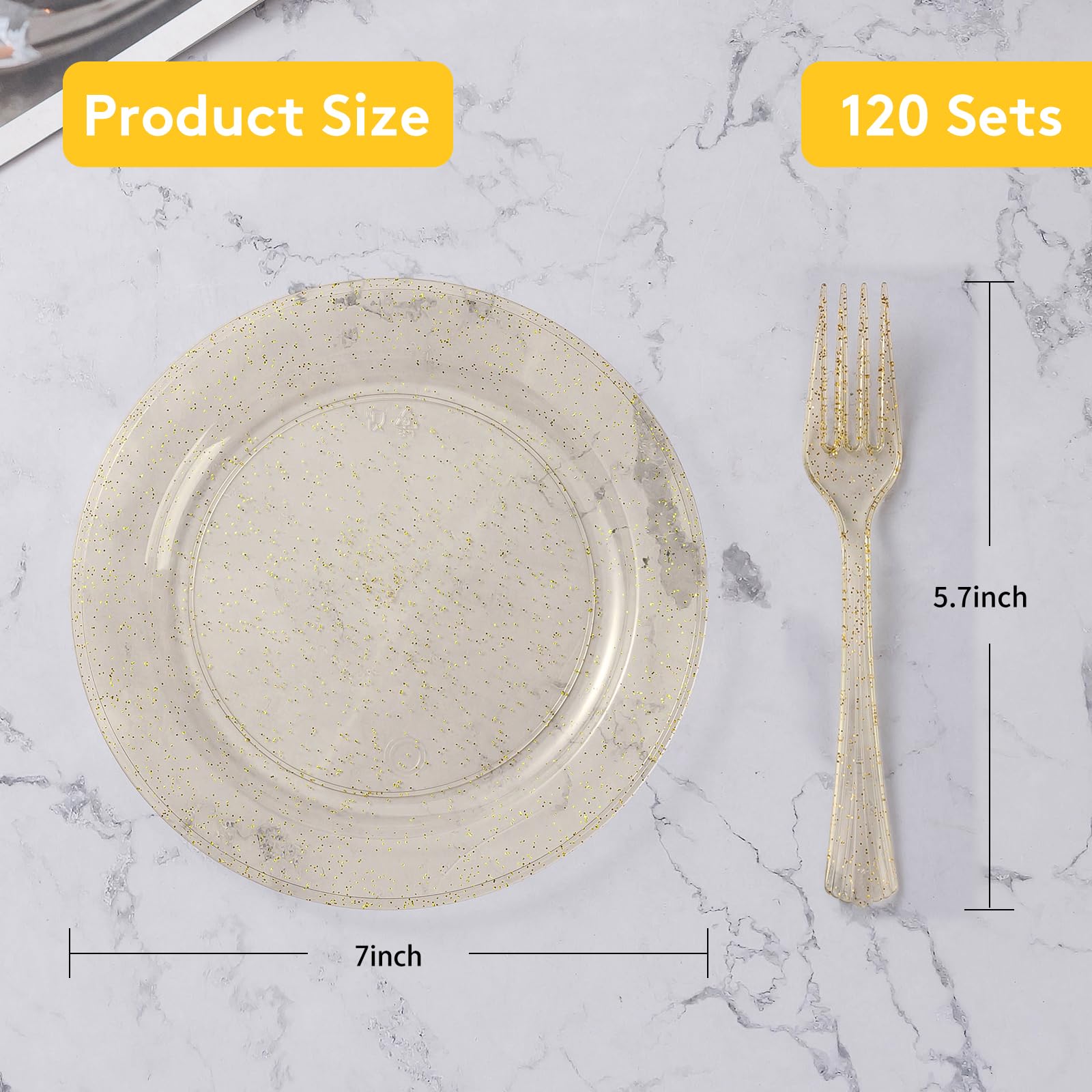 120 Plastic Dessert Plates 7" with 120 Plastic Forks 5.7", Gold Glitter Disposable Plates for 120 Guests, Heavy Duty Plastic Plates for Party, Fancy Appetizer Gold Plates for Wedding Baby Shower