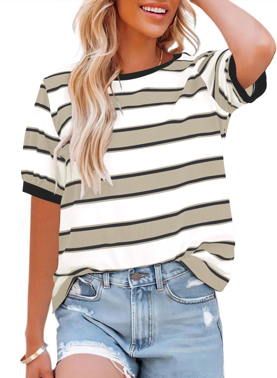 Womens Tops Cotton Casual Color Block Striped Short Sleeve Shirts Crewneck T Shirts Loose Basic Tee Blouses