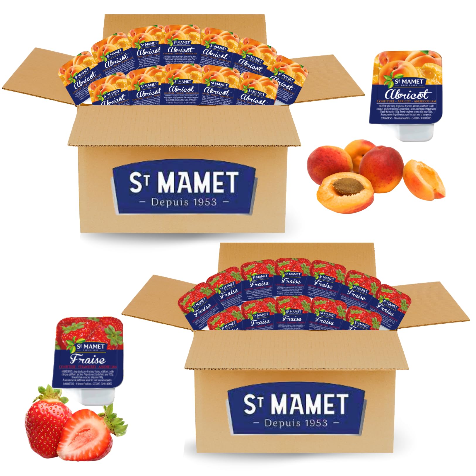 ST MAMET ! DDM 11/26 ! | 120 Barquettes de Confiture de Fraise & Abricot | Doses individuelles de 25g pour Petit-Déjeuner, Hôtellerie, Camping et Pique-Nique - Format Professionnel et Familial