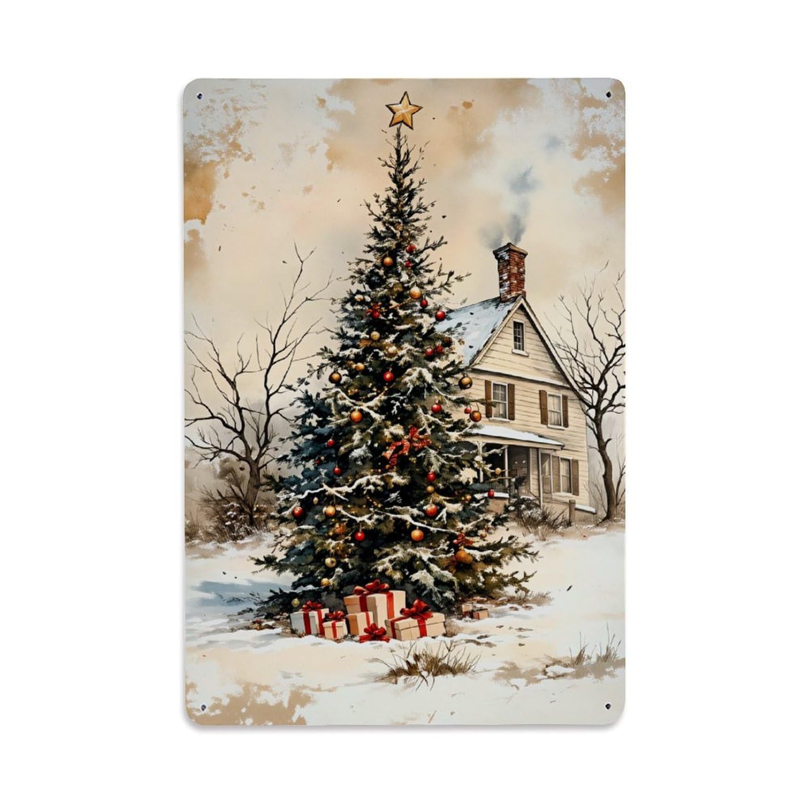 Christmas Tree House Snow Gifts Star Retro Metal Tin Sign, Vintage Decor Art Poster for Bar, Home, Man Cave, Kitchen, Laundry Room Gift 8x12Inch