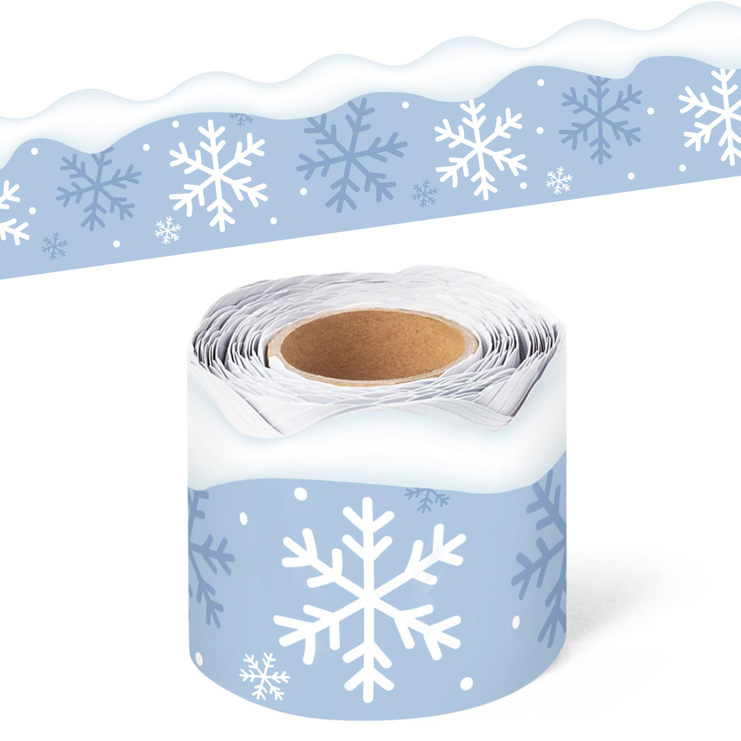 BeYumi Winter Snowflake Border Trim - 65ft Winter Christmas Sage Blue White Snowflake Scalloped Rolled Border Trim Bulletin Board Borders School Classroom Door Home Office Chalkboard Party Decoration
