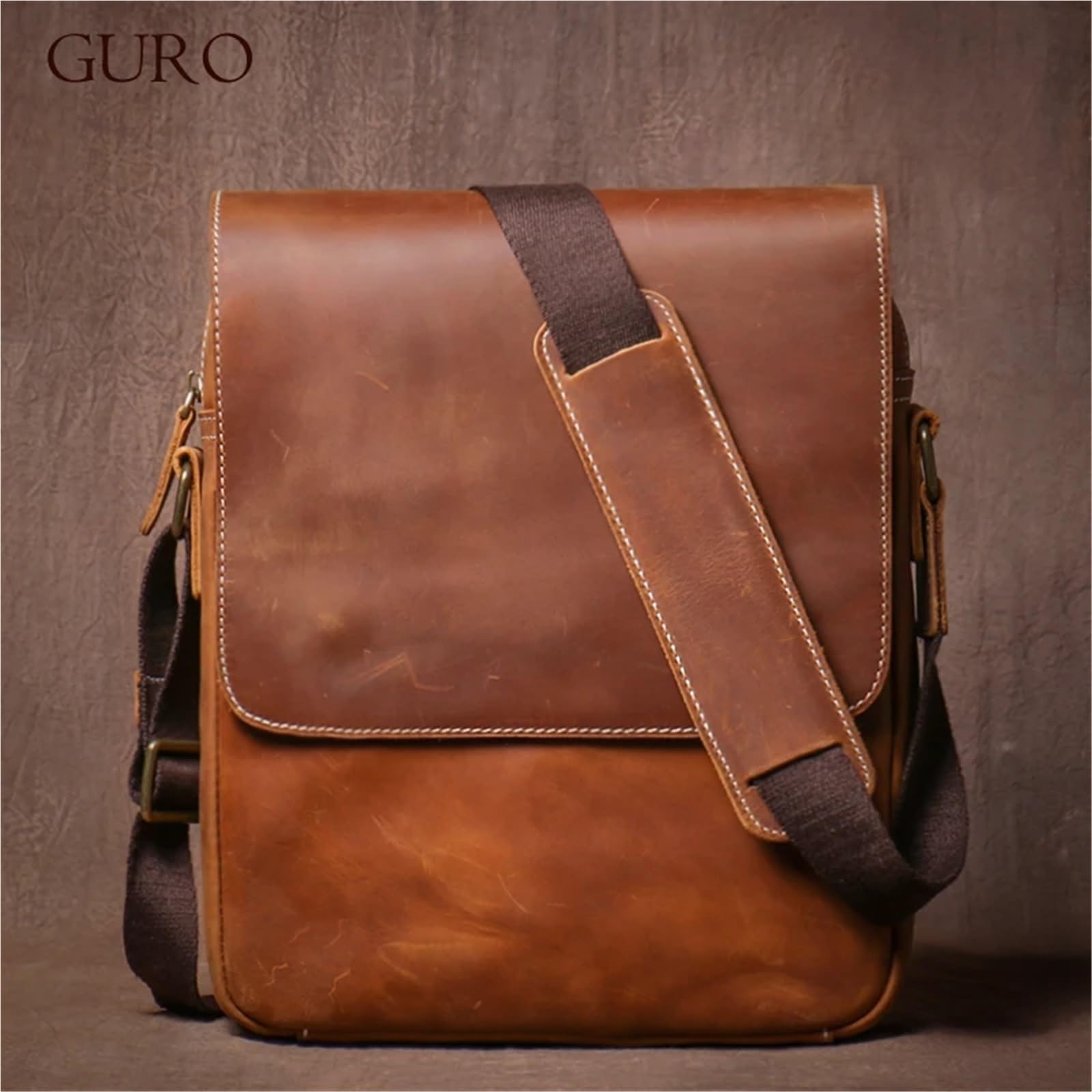 Bolso de hombro cuero genuino for hombre, estilo vintage clásico, con solapa Para Negocio Colegio Trabajo Café