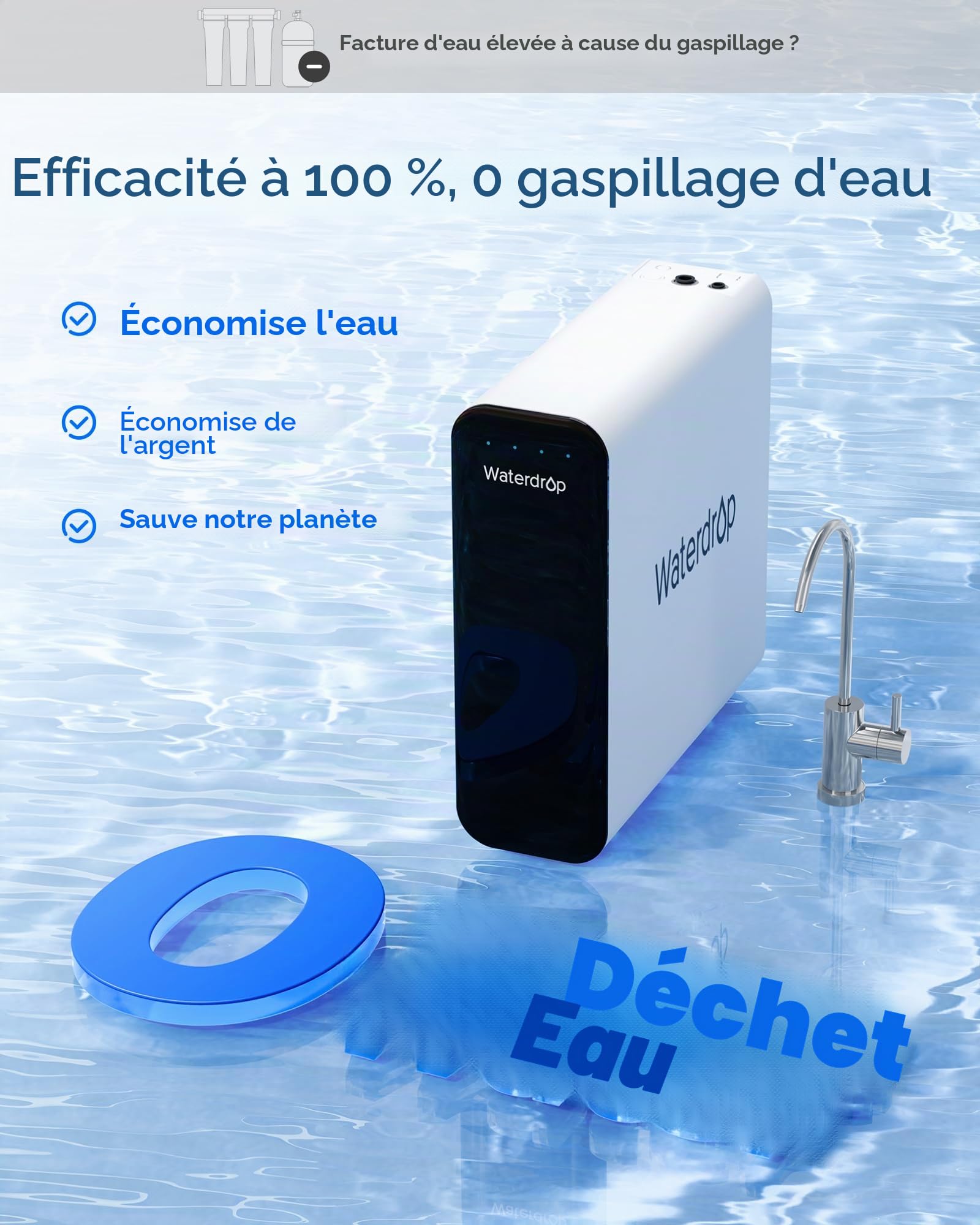 Waterdrop TSU 0,01 μm Ultra-filtration Sous Évier Système de Filtre à Eau, Haute Capacité en 3 Étapes, Panneau Intelligent, Pas D'eaux Usées, Réduire les PFAS, PFOA/PFOS