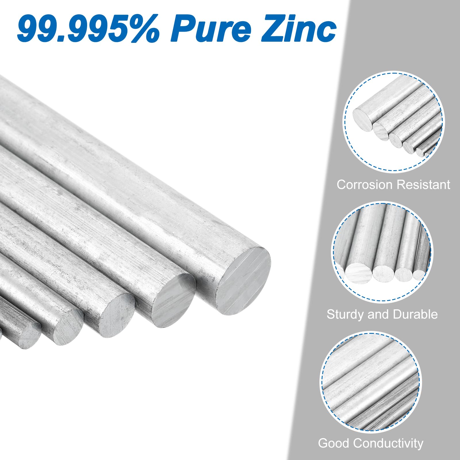 sourcing map 1 tige en zinc, 99,995 % de haute pureté, barre en zinc massif de 15 mm de diamètre, 100 mm de long, tige anode en métal zingué, bonne conductivité pour les expériences scientifiques, la