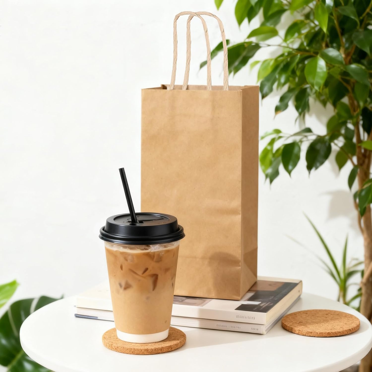 HOZEON 100PCS Kraft Paper Wine Bags with Handles, 5x4x10 Inch Brown Paper Gift Bags for Whiskey Spirits Bottles, Bulk Party Favor Bags
